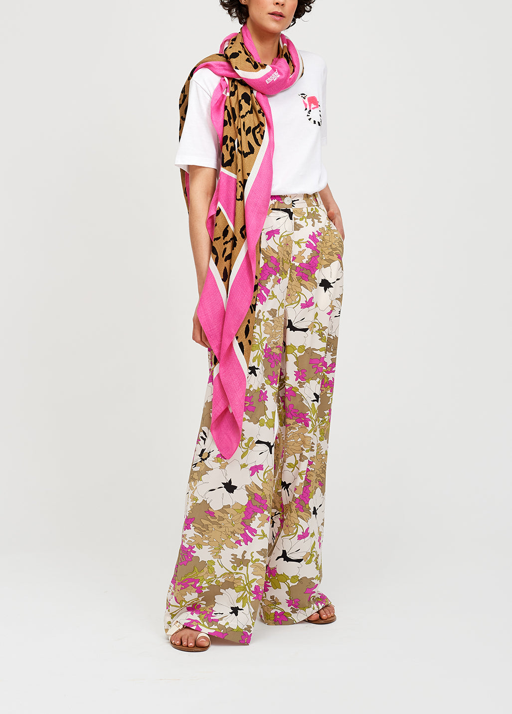 Large pink and leopard print scarf RE—SSENTIEL | Essentiel second hand