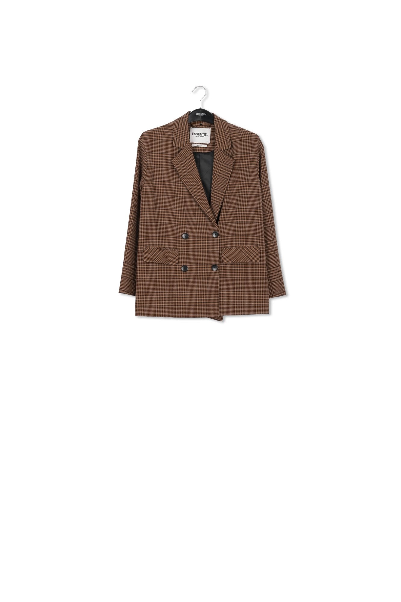 Bruine ruitjesblazer met dubbele knopenrij RE—SSENTIEL | Essentiel second hand