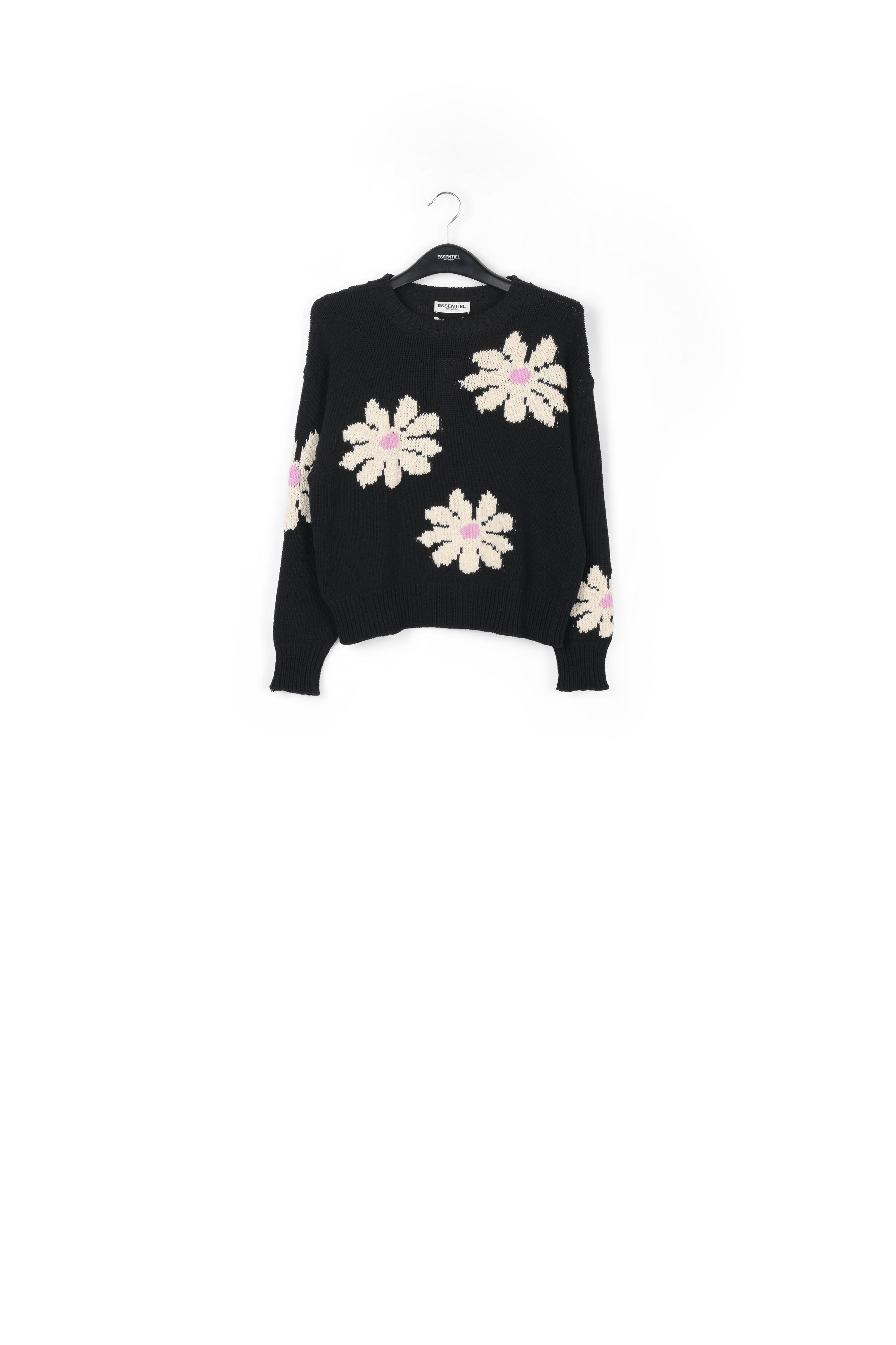 Pull intarsia noir et blanc cassé à fleurs RE—SSENTIEL | Essentiel second hand