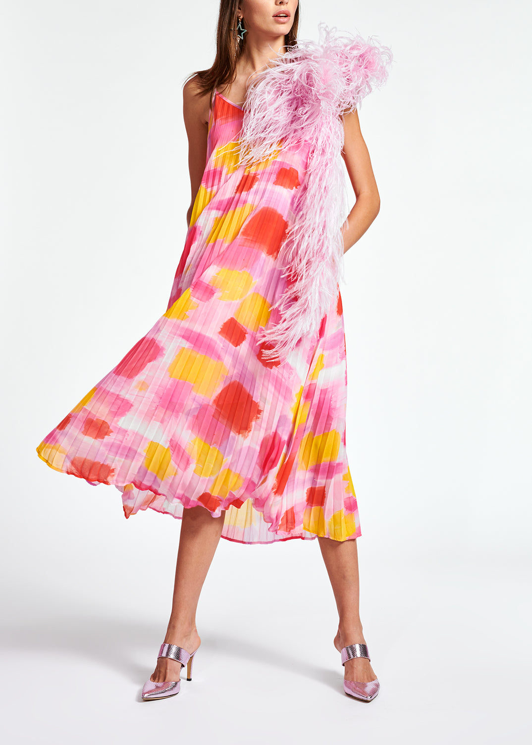 Pink and yellow plissé midi-length dress RE—SSENTIEL | Essentiel second hand
