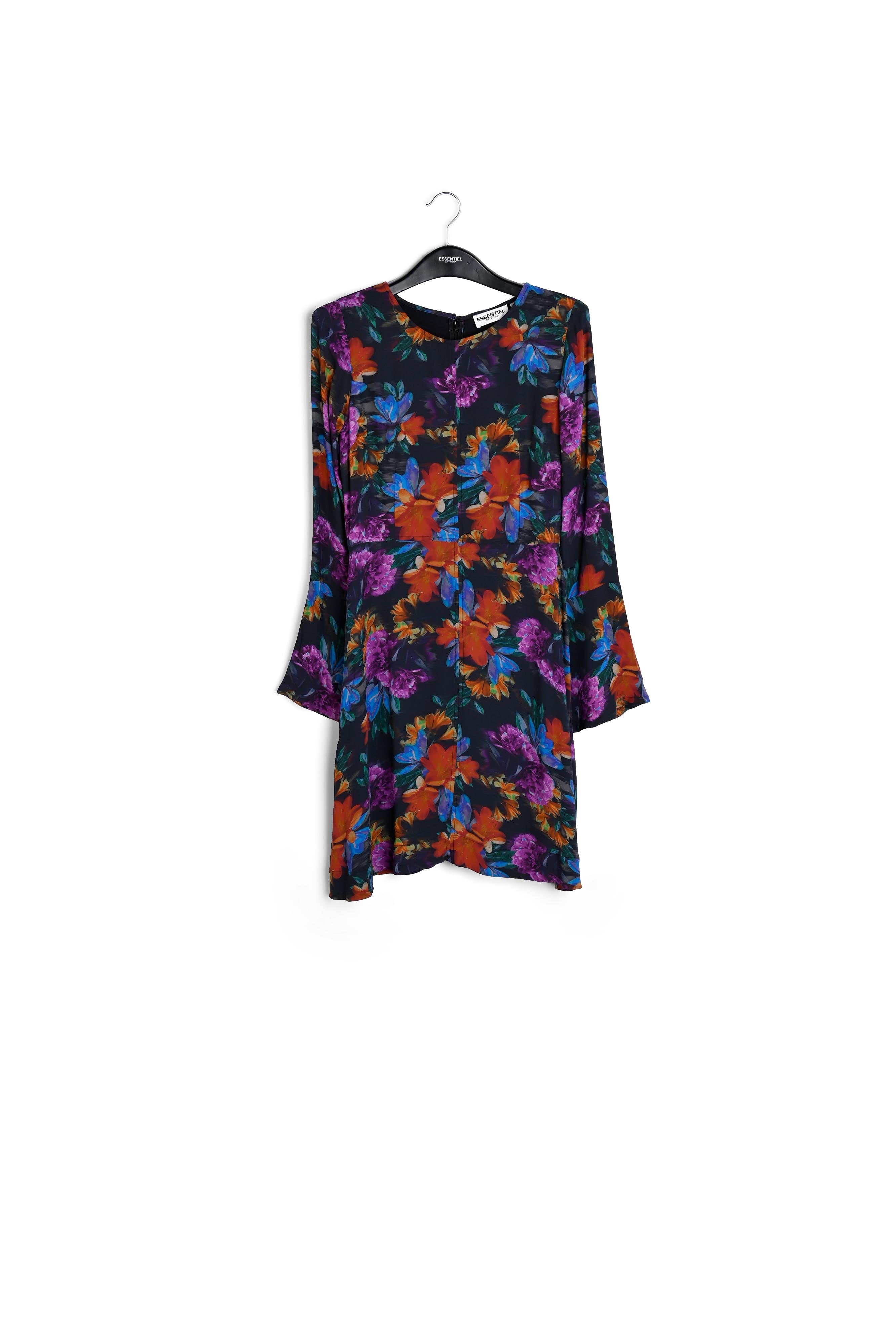 Mini-jurk met antracietgrijze, blauwe en oranje bloemenprint RE—SSENTIEL | Essentiel second hand