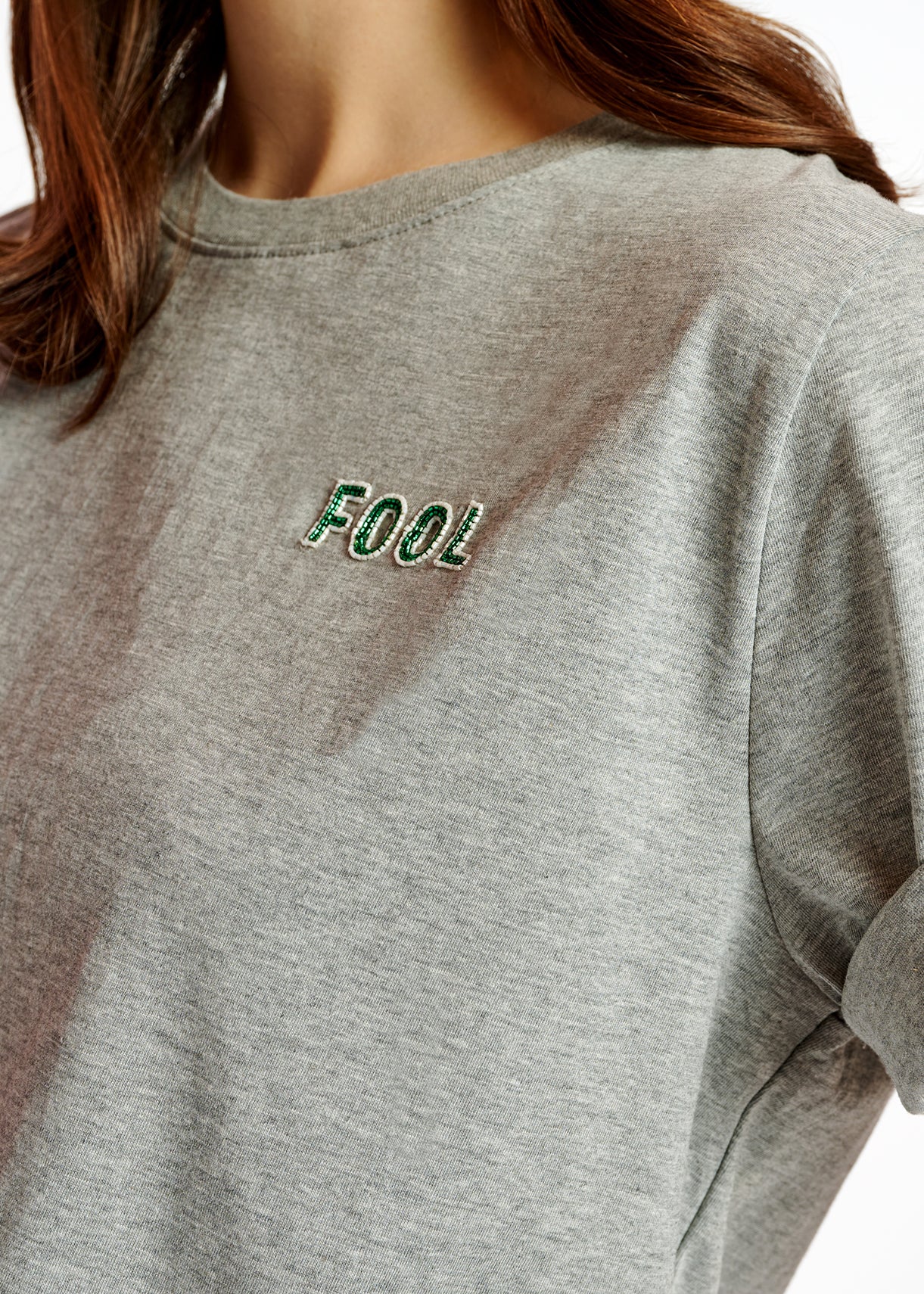 Grey cotton T-shirt with bead embroidery detail RE—SSENTIEL | Essentiel second hand