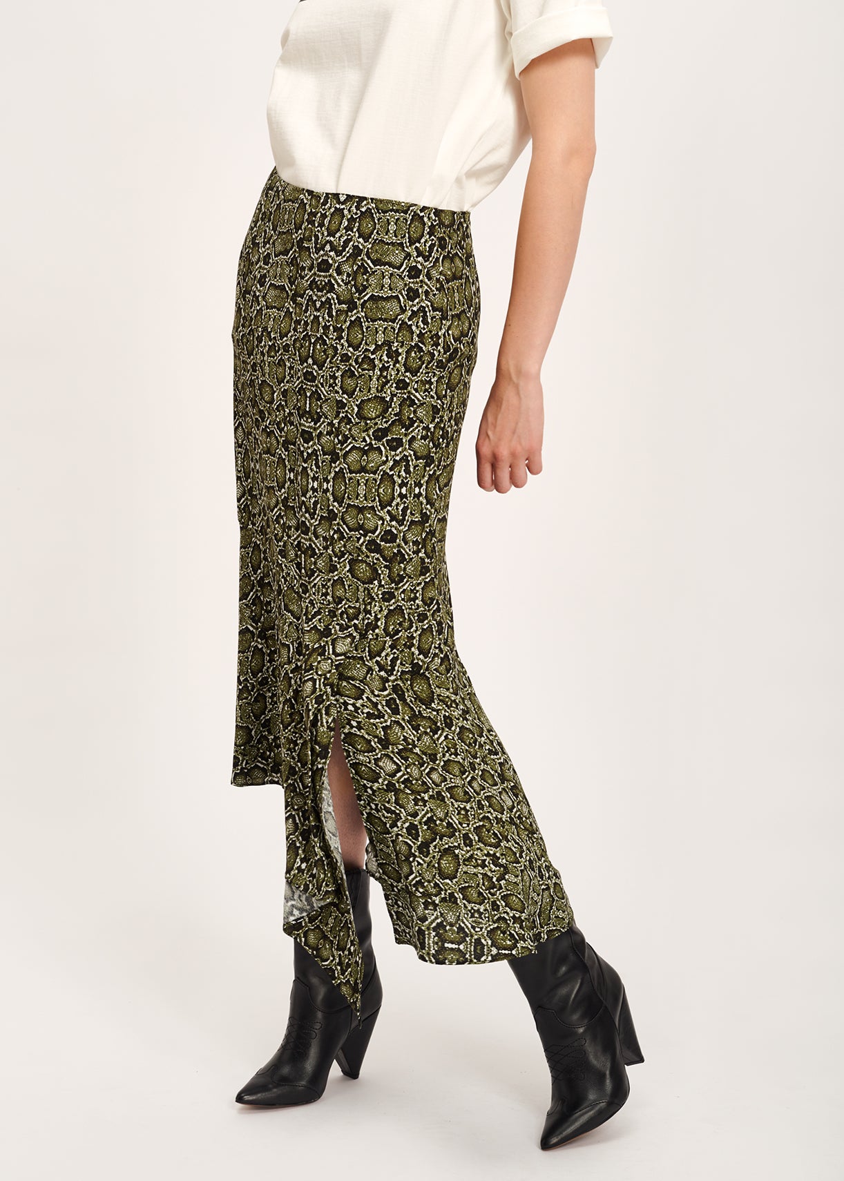 Jupe midi vert kaki à imprimé serpent RE—SSENTIEL | Essentiel second hand