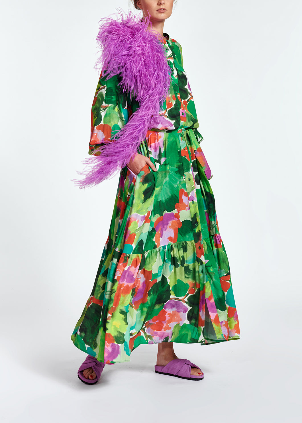 Green watercolor print maxi-length shirt dress RE—SSENTIEL | Essentiel second hand