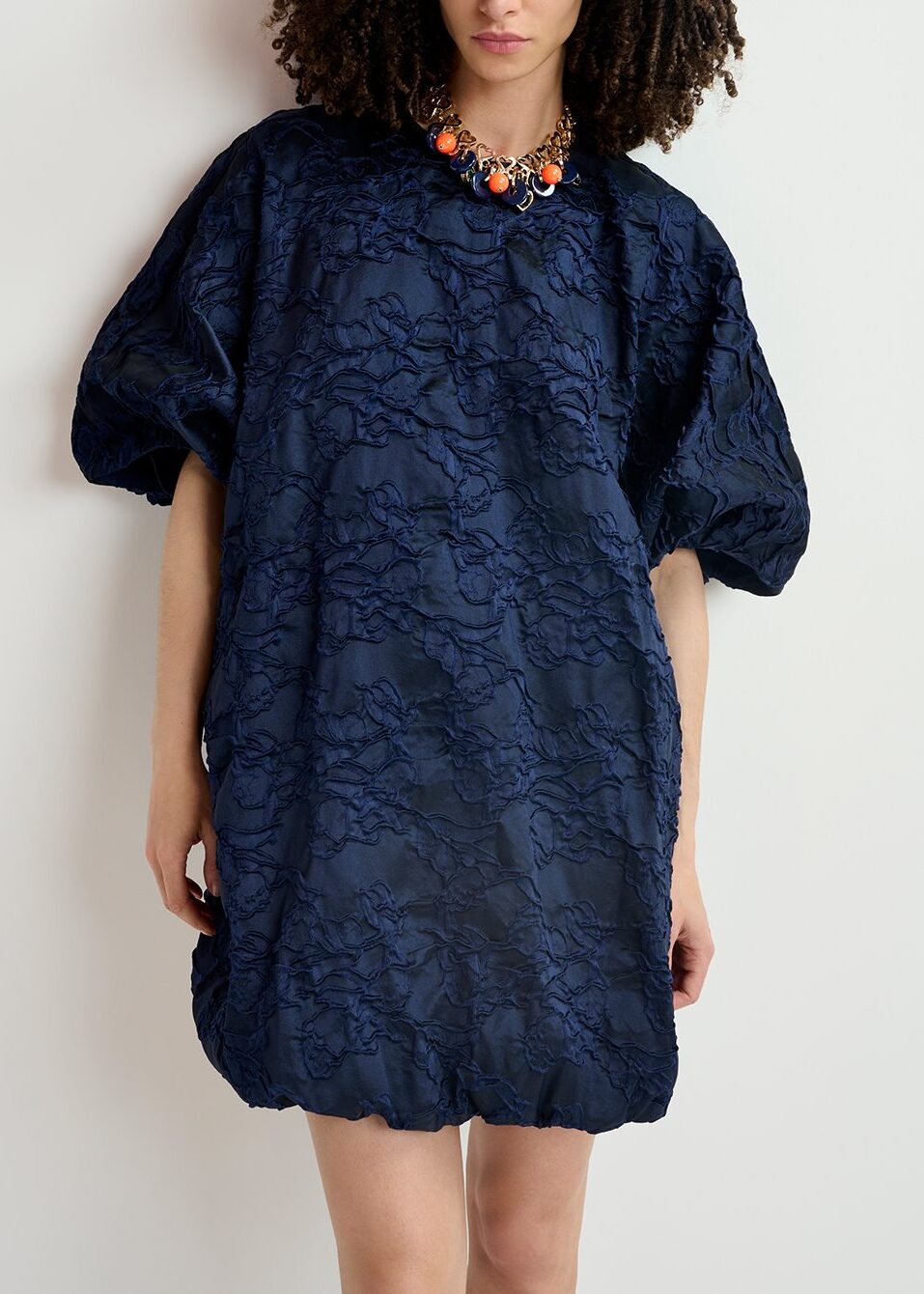 Navy blue jacquard-woven puffy mini dress RE—SSENTIEL | Essentiel second hand