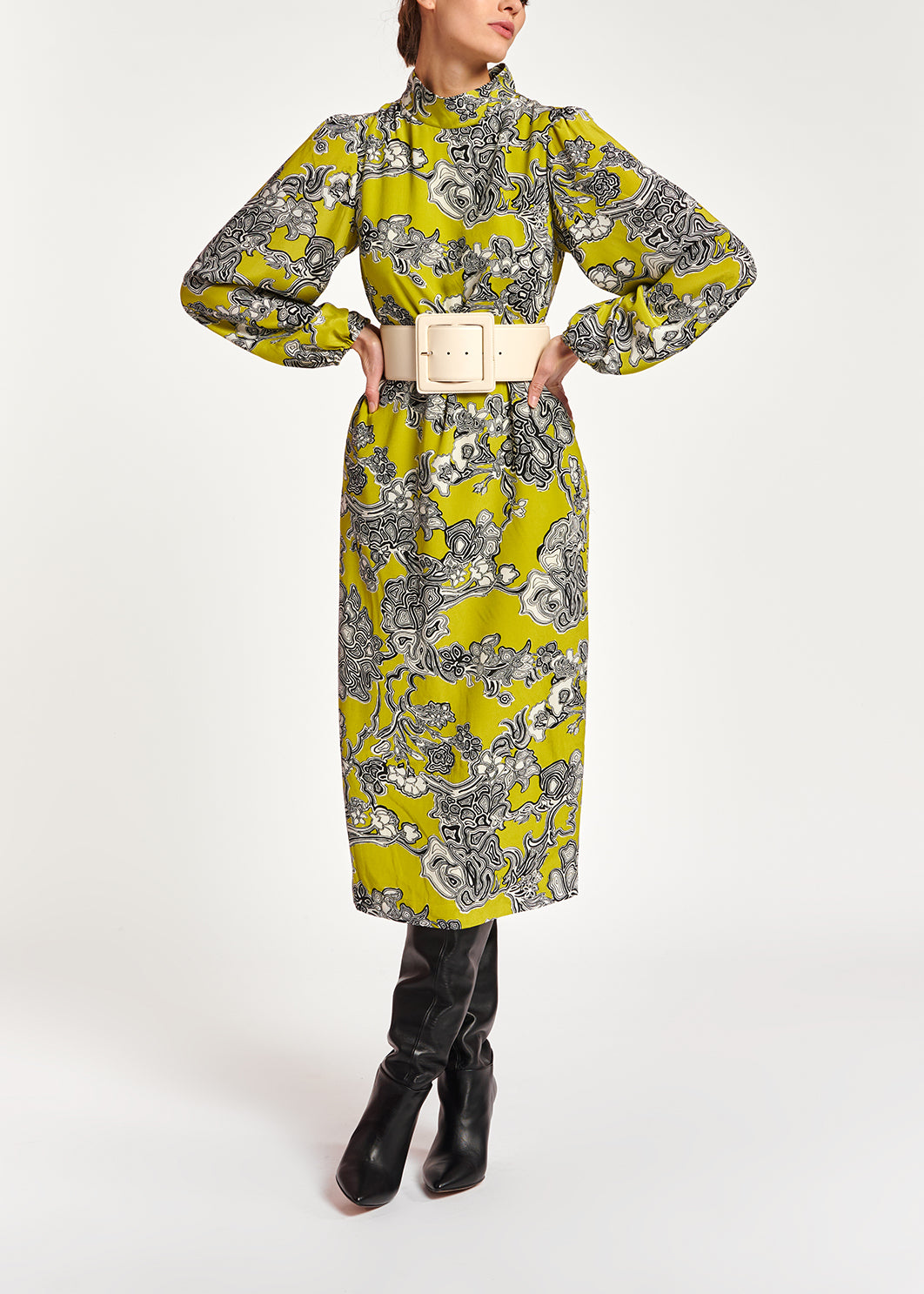 Limoengroene midi-jurk met bloemenprint RE—SSENTIEL | Essentiel second hand