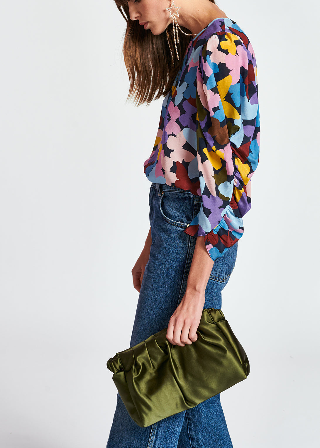 Donkerblauwe zijden top met vlinders RE—SSENTIEL | Essentiel second hand