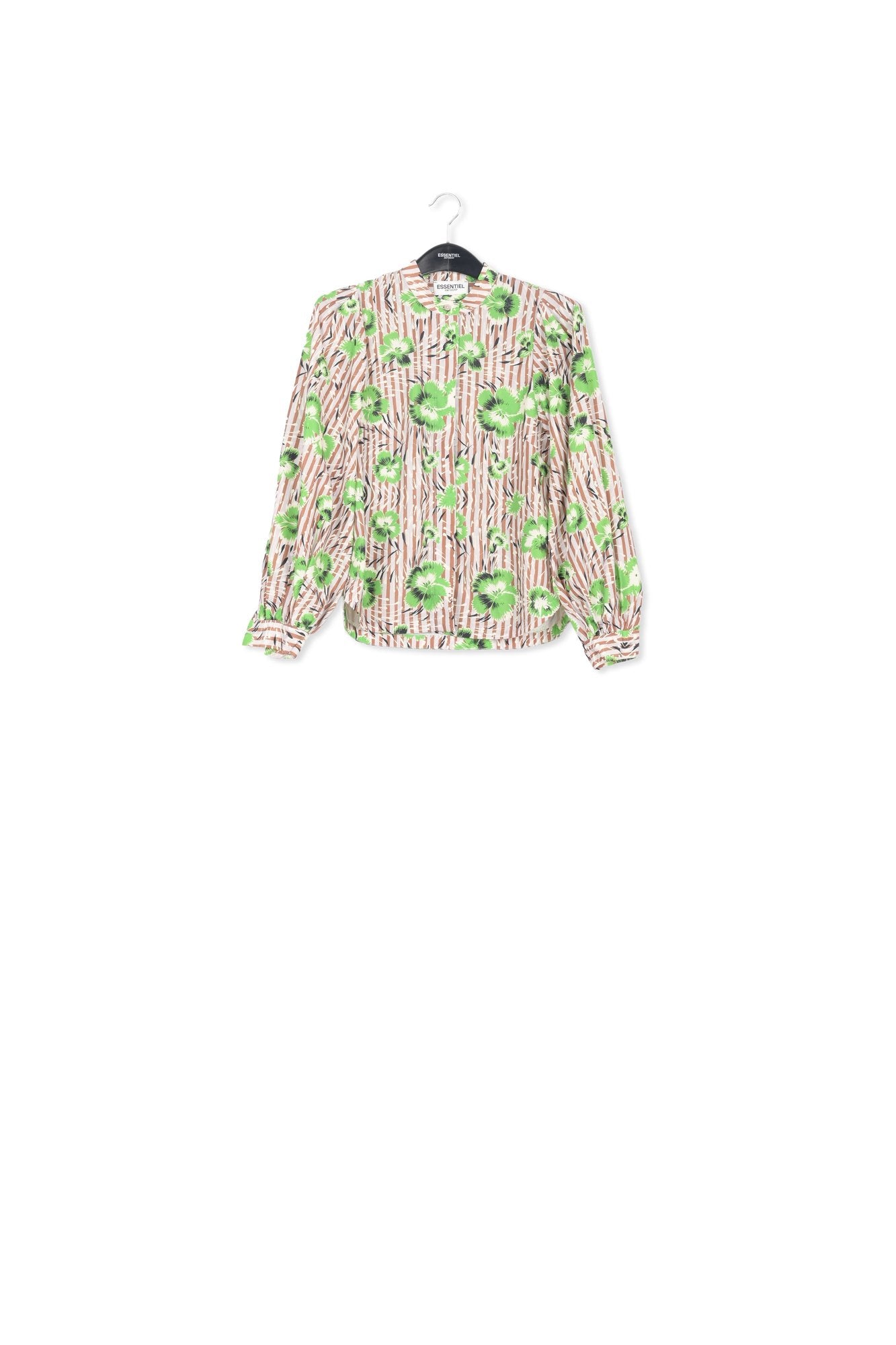 Stripe and green floral print puffed-sleeve top RE—SSENTIEL | Essentiel second hand