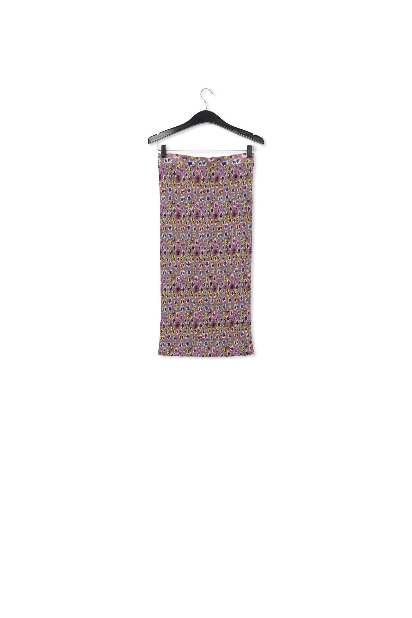 Mauve smocked midi skirt with multicolor floral print RE—SSENTIEL | Essentiel second hand