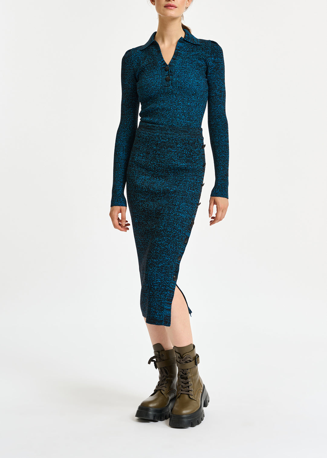 Blue and black mélange ribbed-knit midi skirt RE—SSENTIEL | Essentiel second hand