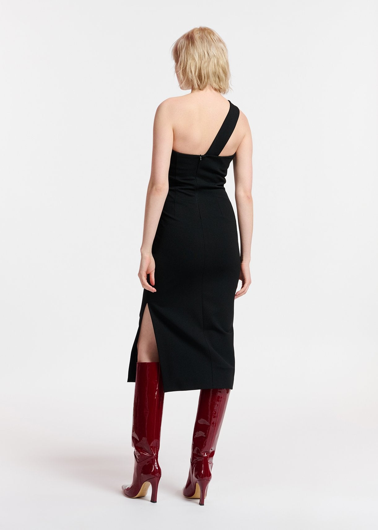 Black one-shoulder fitted midi-length dress RE—SSENTIEL | Essentiel second hand