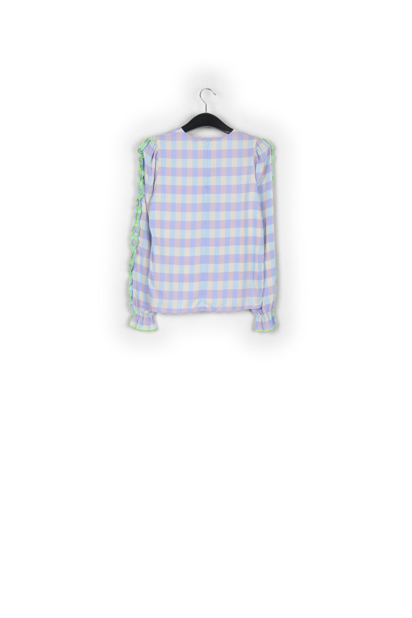 Light blue and purple checked top with ruffled sleeves RE—SSENTIEL | Essentiel second hand