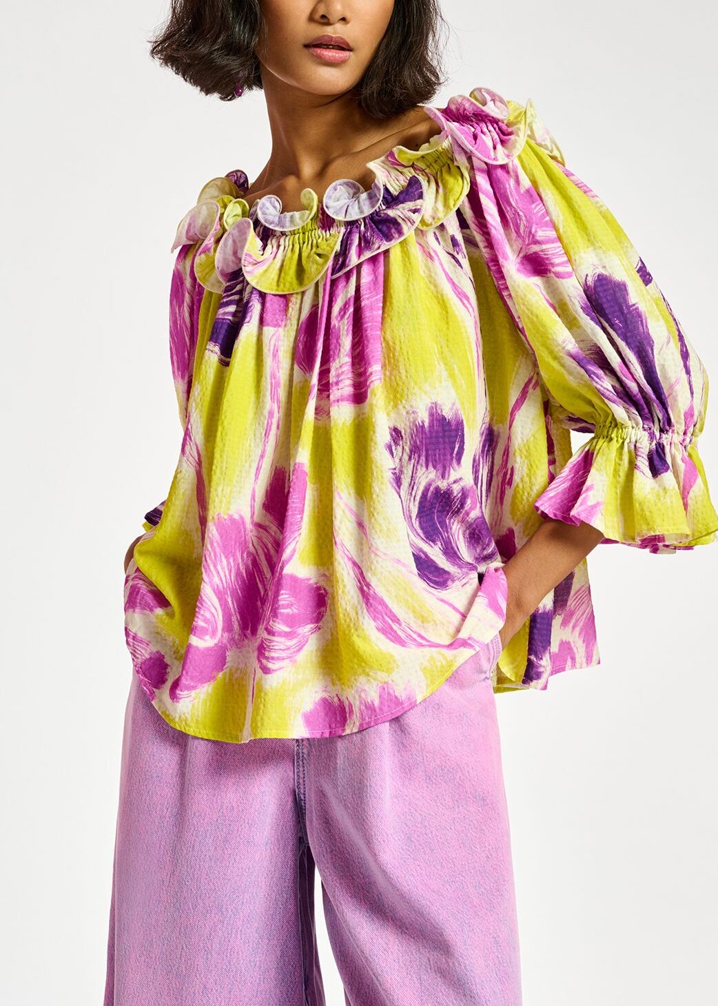 Yellow and purple floral print off-the-shoulder top RE—SSENTIEL | Essentiel second hand