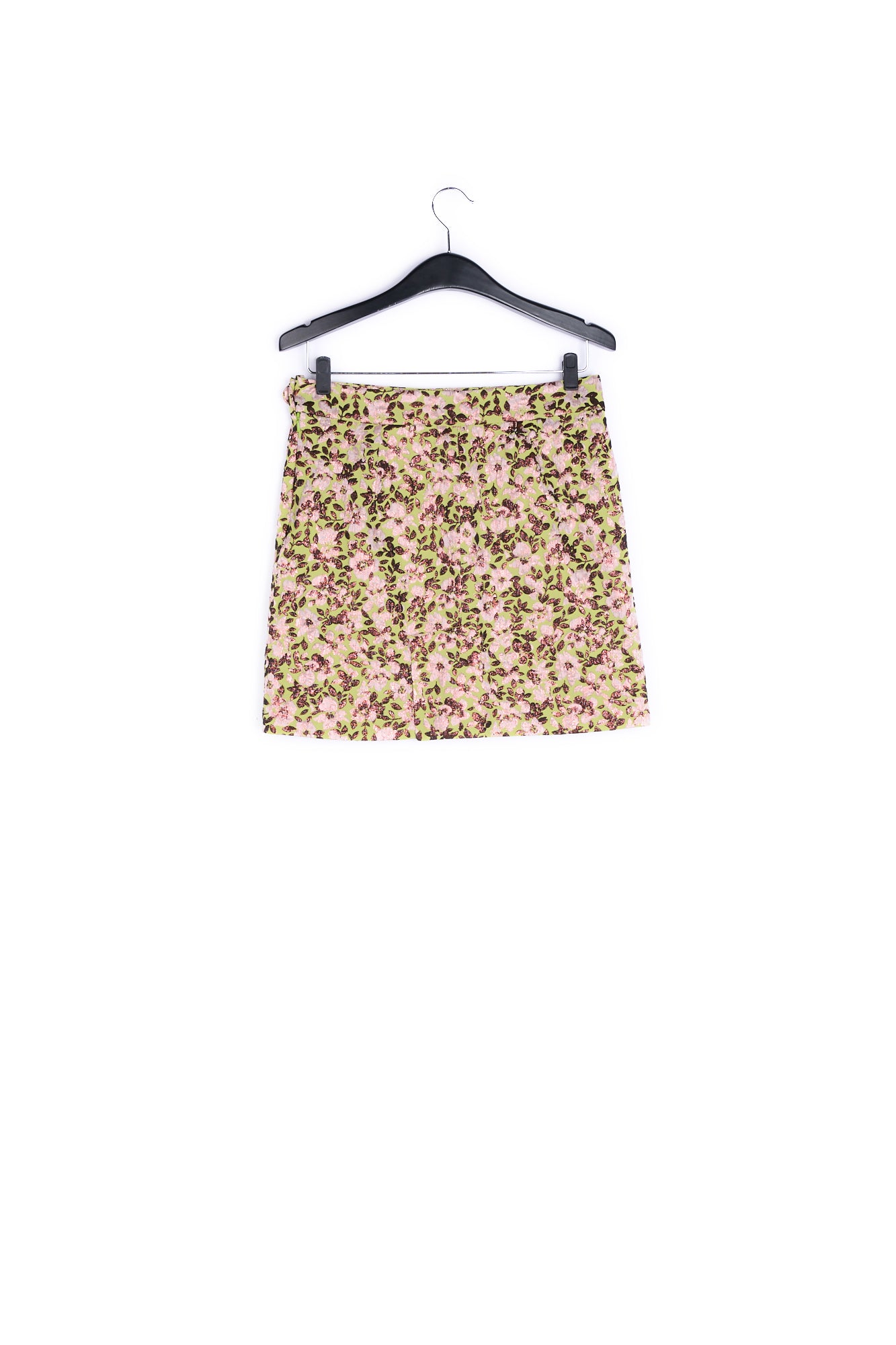 Green mini skirt with metallic floral motif RE—SSENTIEL | Essentiel second hand
