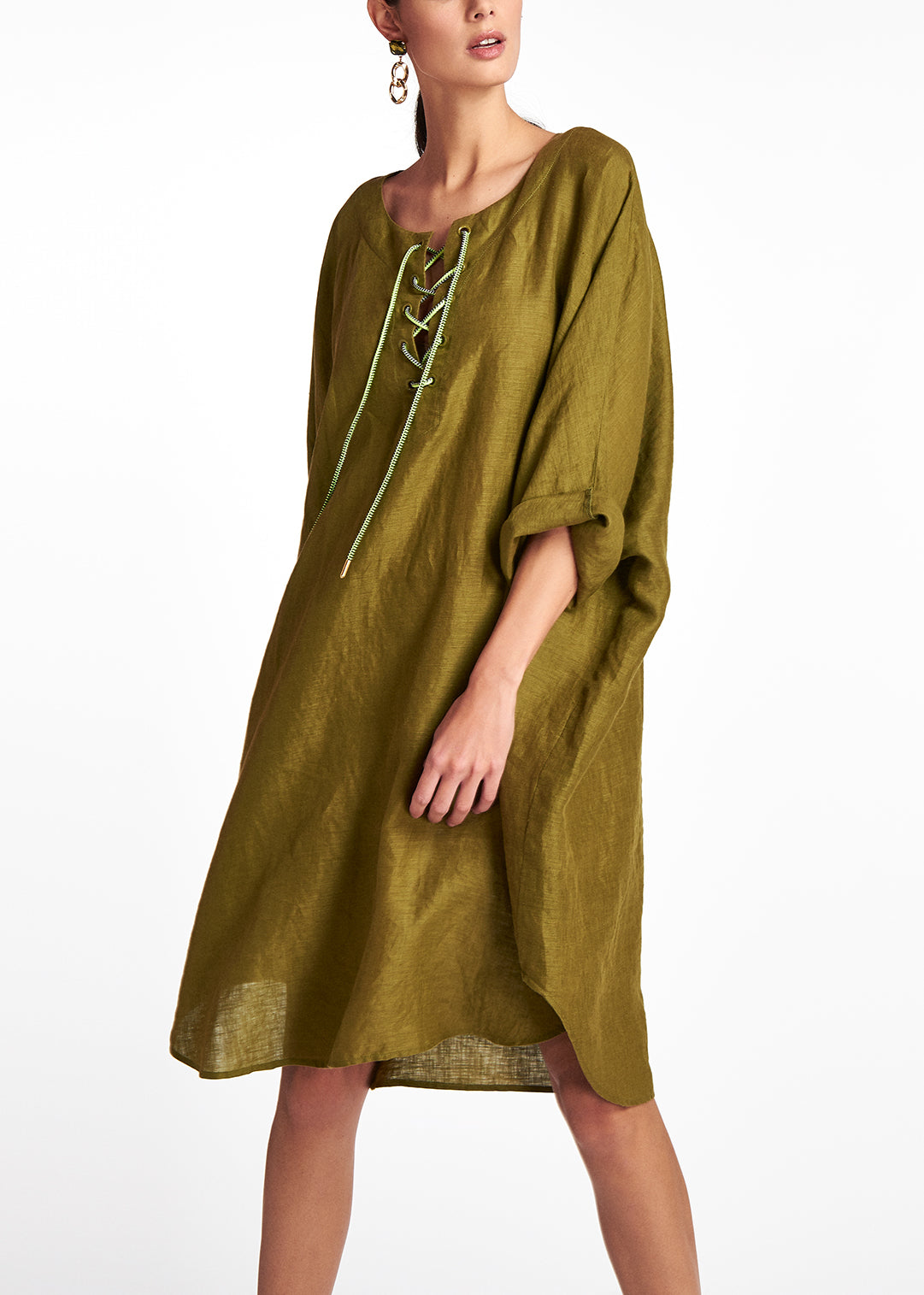 Oversized khaki green linen dress RE—SSENTIEL | Essentiel second hand