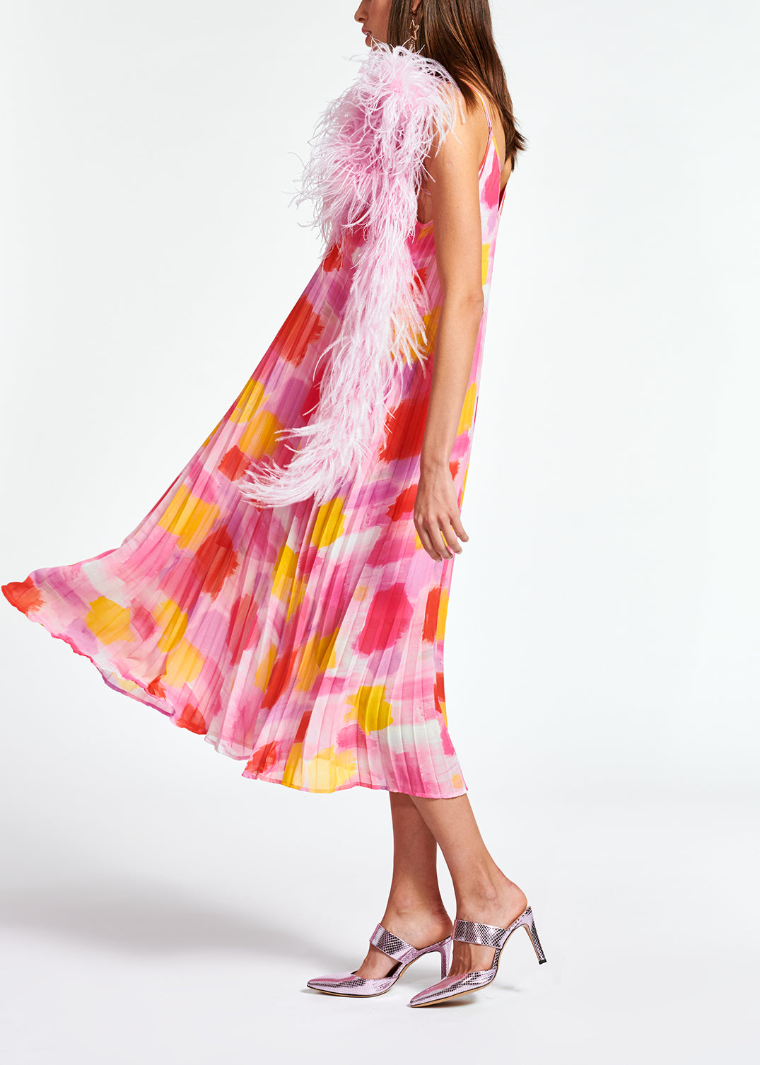 Pink and yellow plissé midi-length dress RE—SSENTIEL | Essentiel second hand