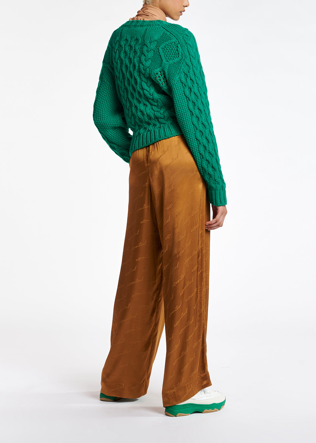 Bronzen satijnen jacquard broek met brede pijpen RE—SSENTIEL | Essentiel second hand