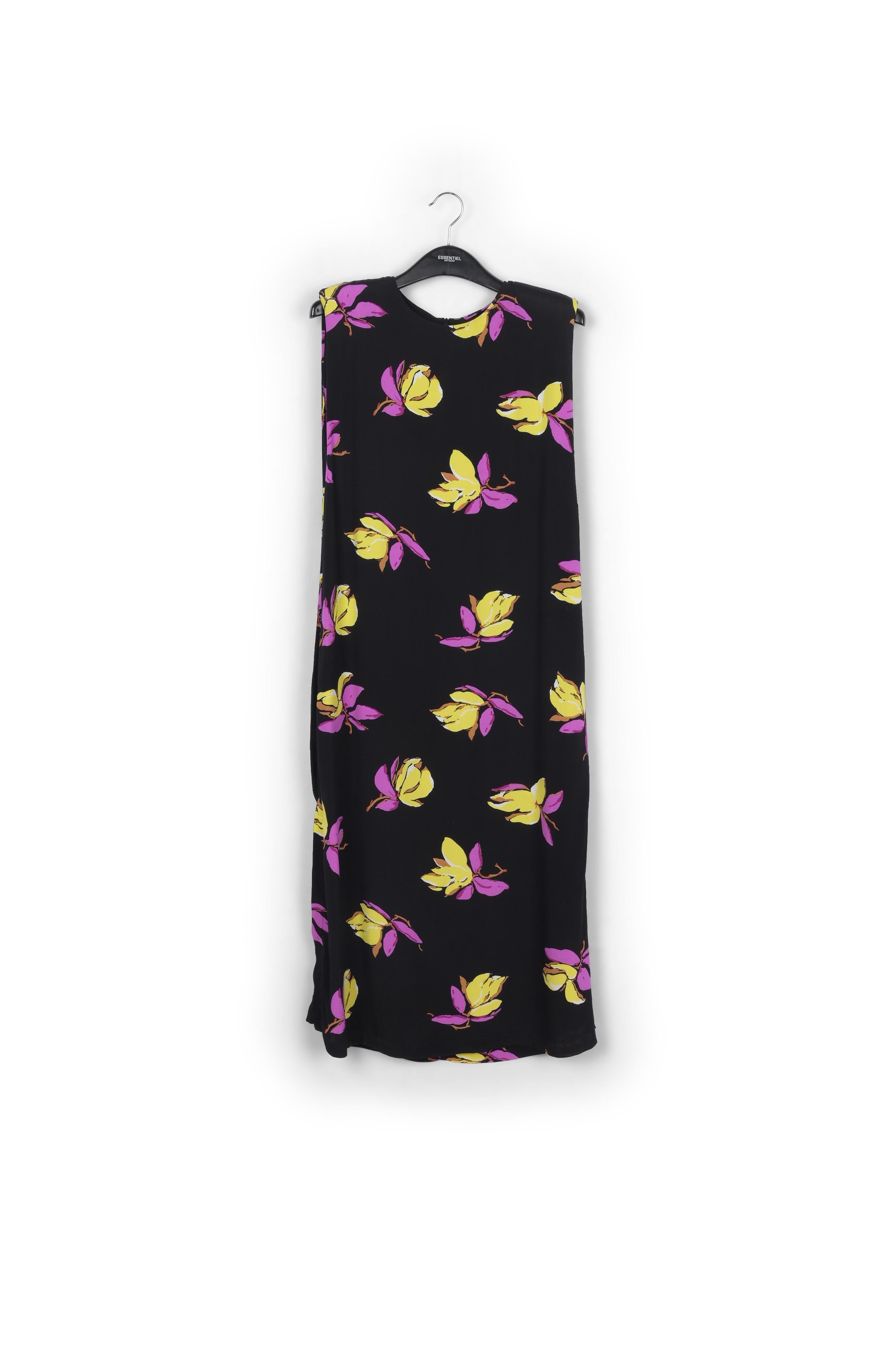 Black floral-print midi-length dress with padded shoulders RE—SSENTIEL | Essentiel second hand