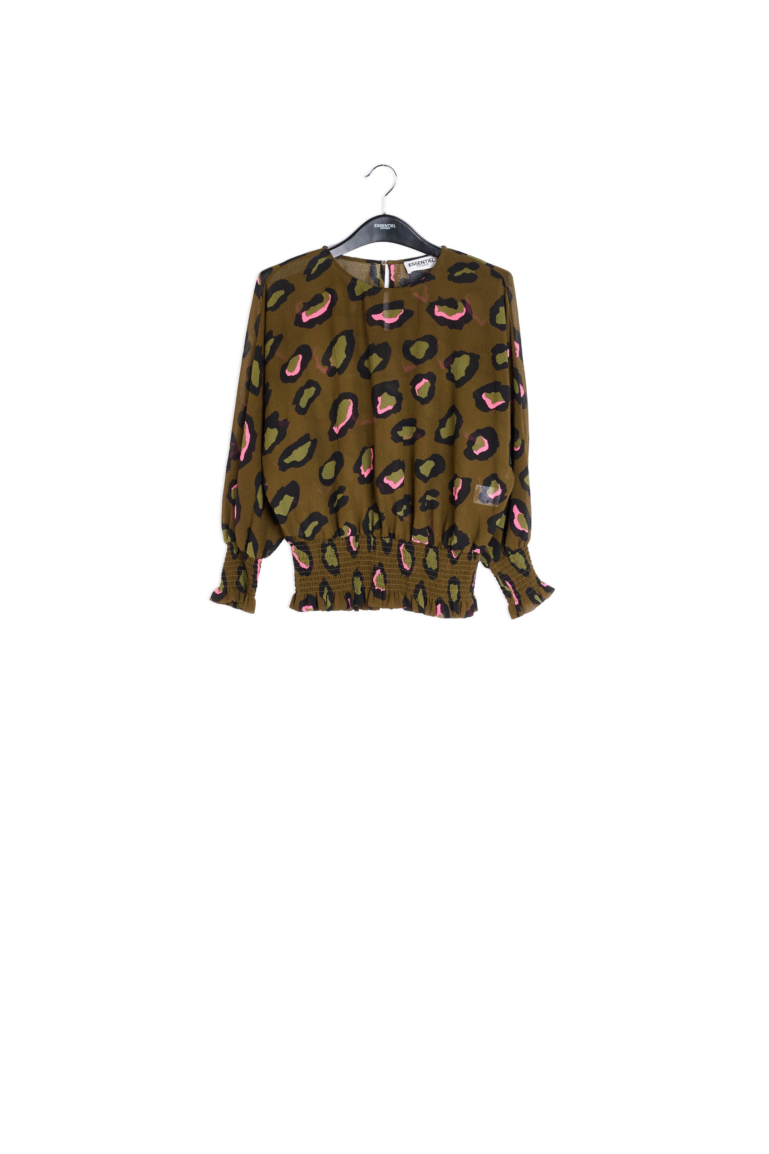 Kaki gesmokte top met luipaardprint RE—SSENTIEL | Essentiel second hand