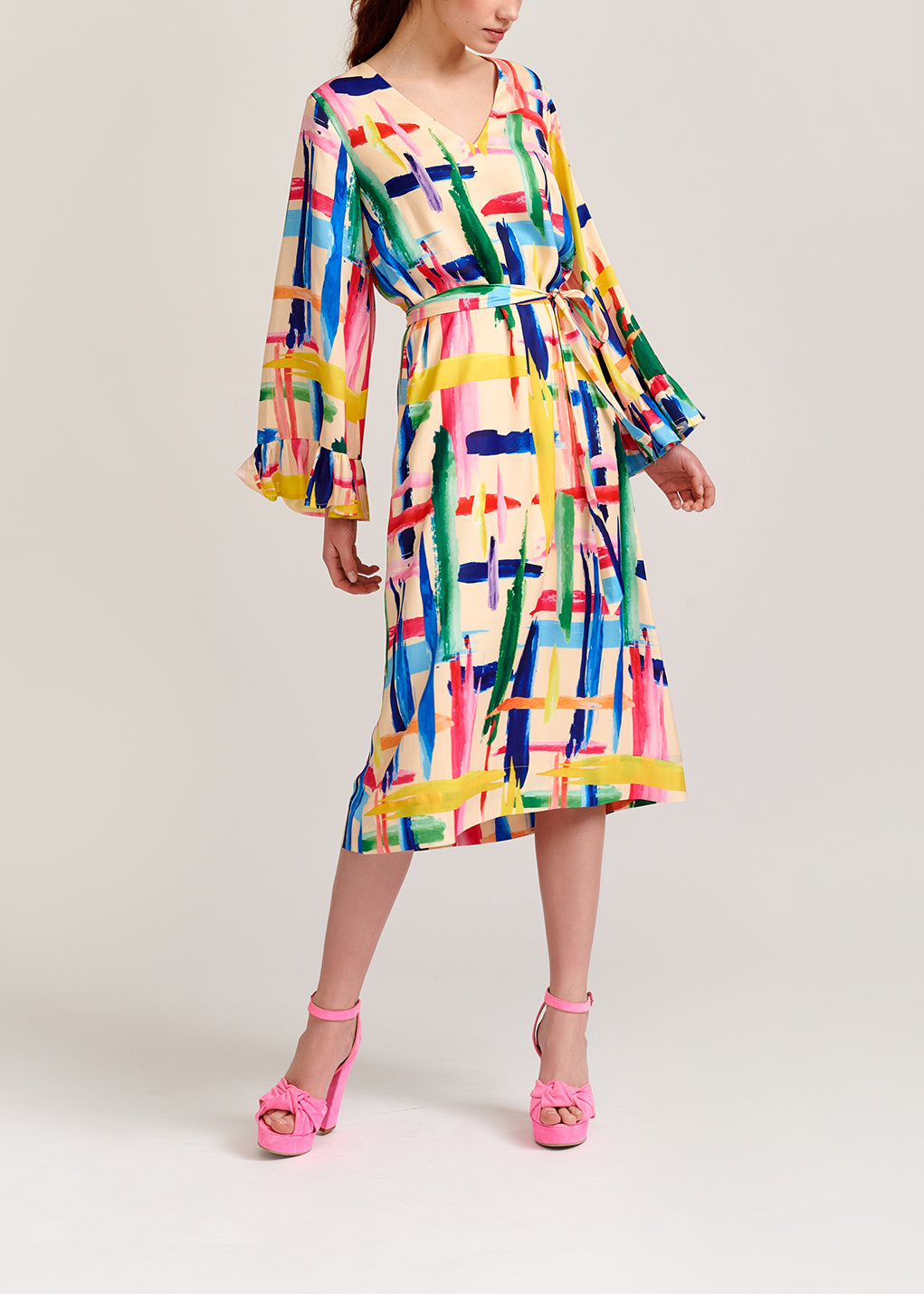 Multicolored graphic striped belted midi dress RE—SSENTIEL | Essentiel second hand