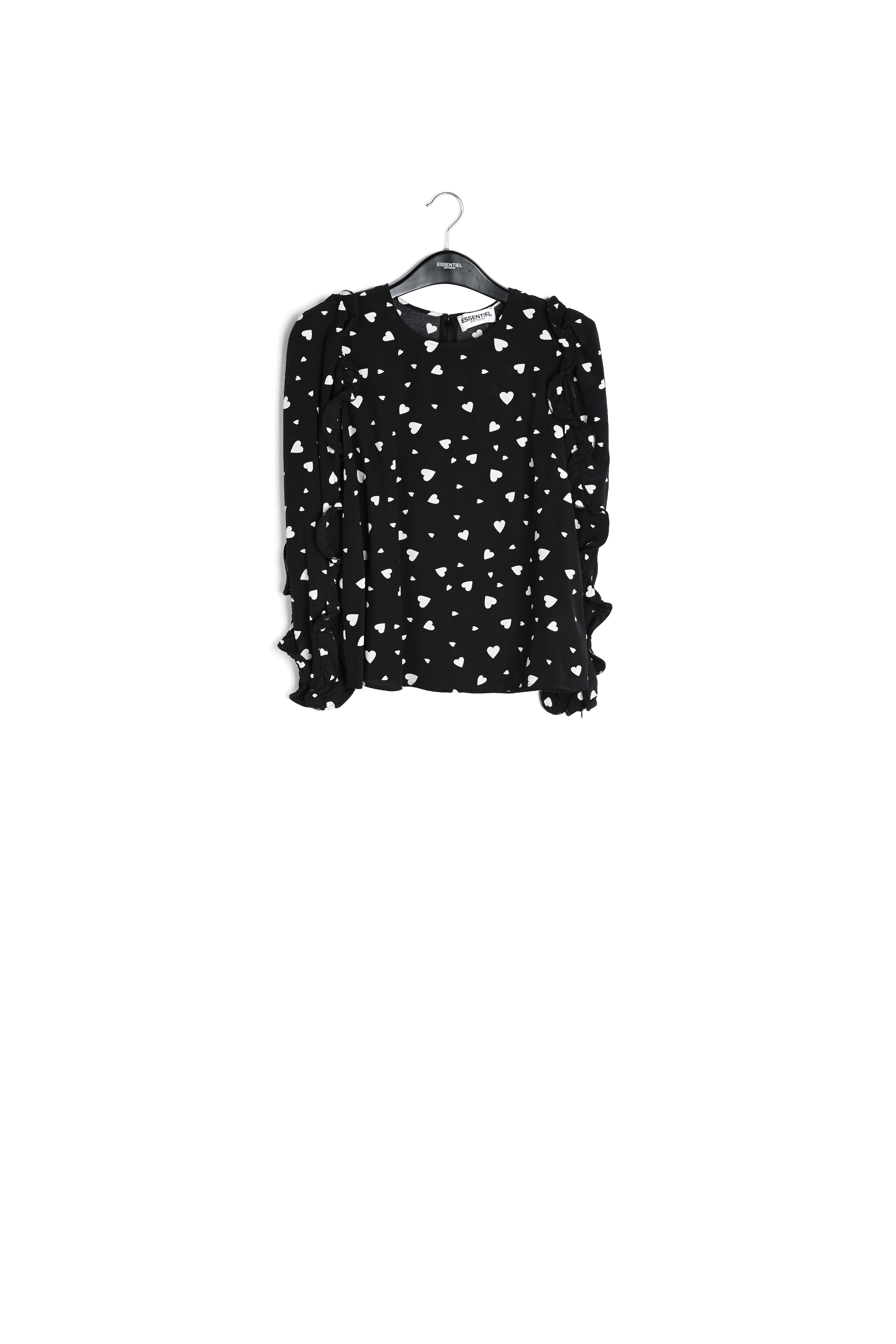 Zwarte top met hartjesprint en ruches RE—SSENTIEL | Essentiel second hand