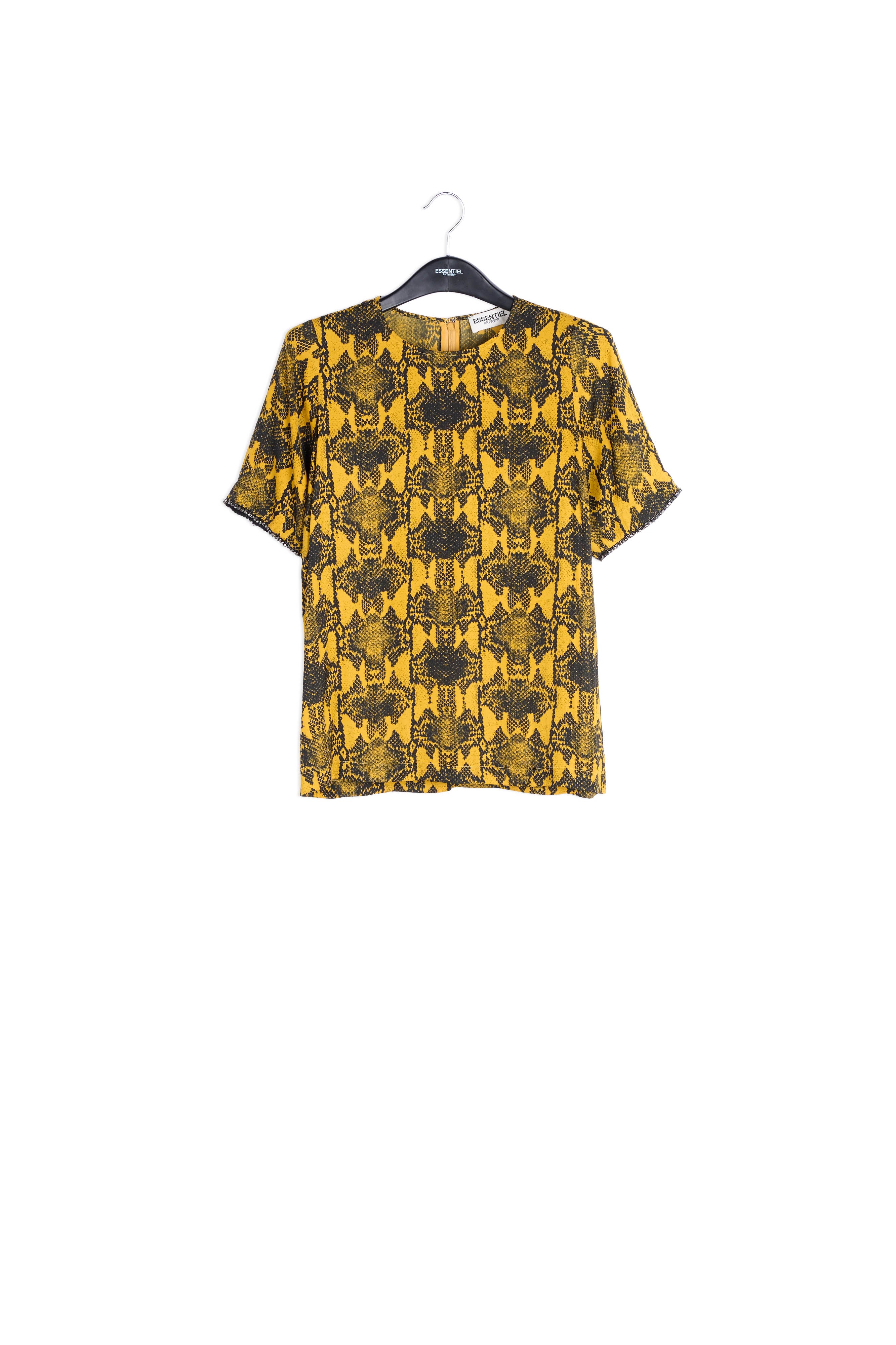 Kadmiumgele top met slangenprint en kralen op de mouwen RE—SSENTIEL | Essentiel second hand