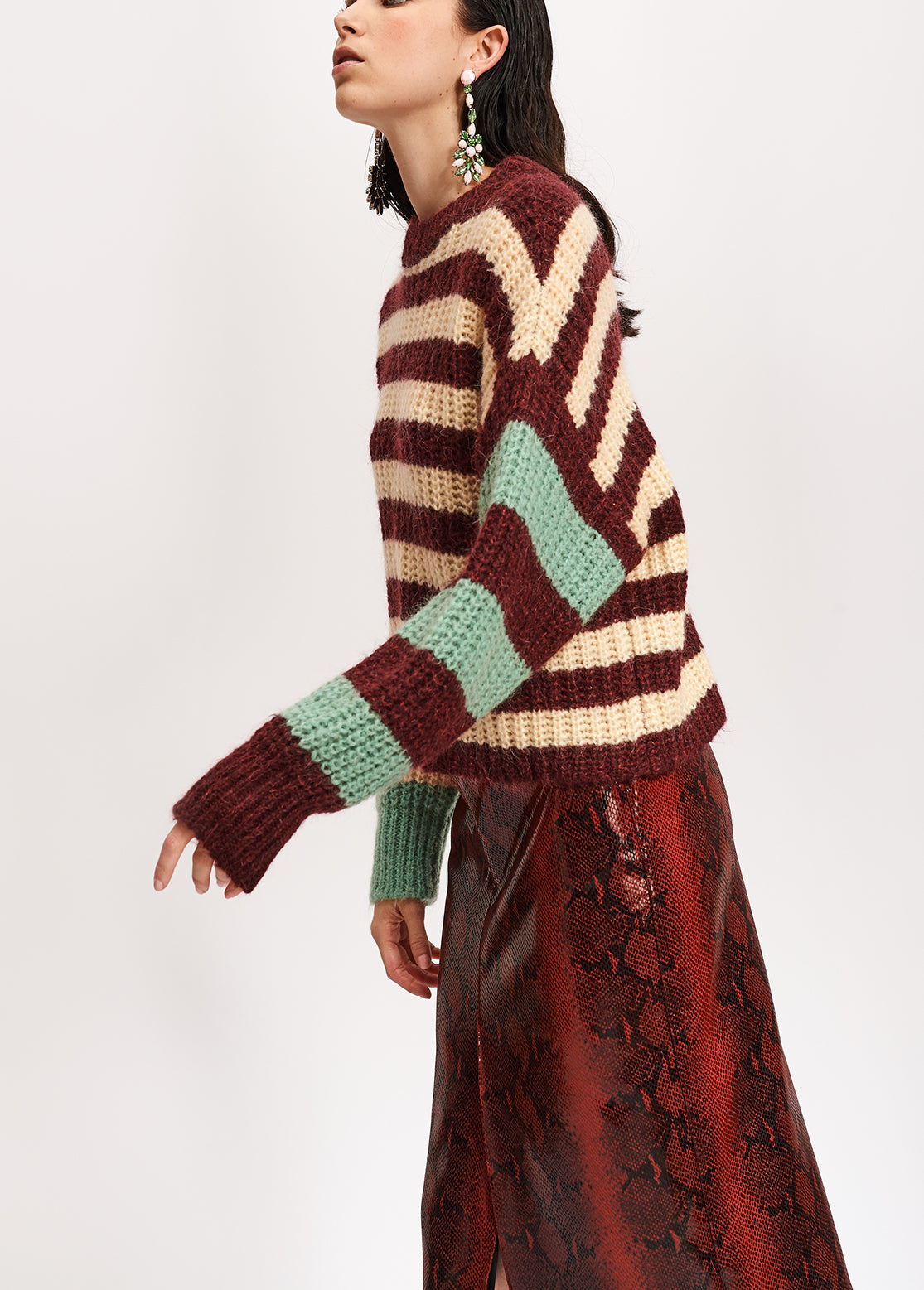 Off-white, burgundy and mint green striped ribbed-knit sweater RE—SSENTIEL | Essentiel second hand