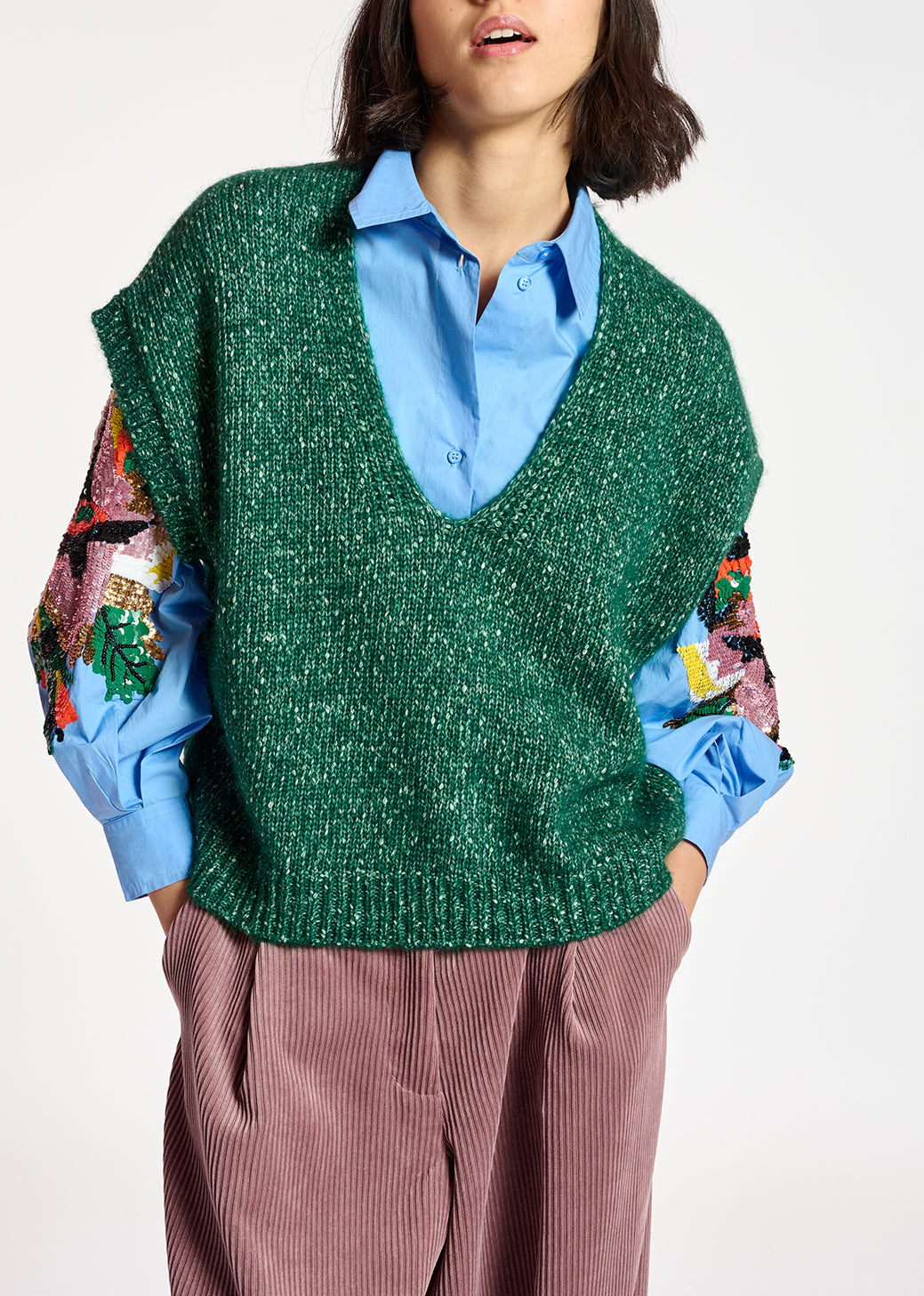 Dark green mélange sleeveless sweater with separate collar RE—SSENTIEL | Essentiel second hand