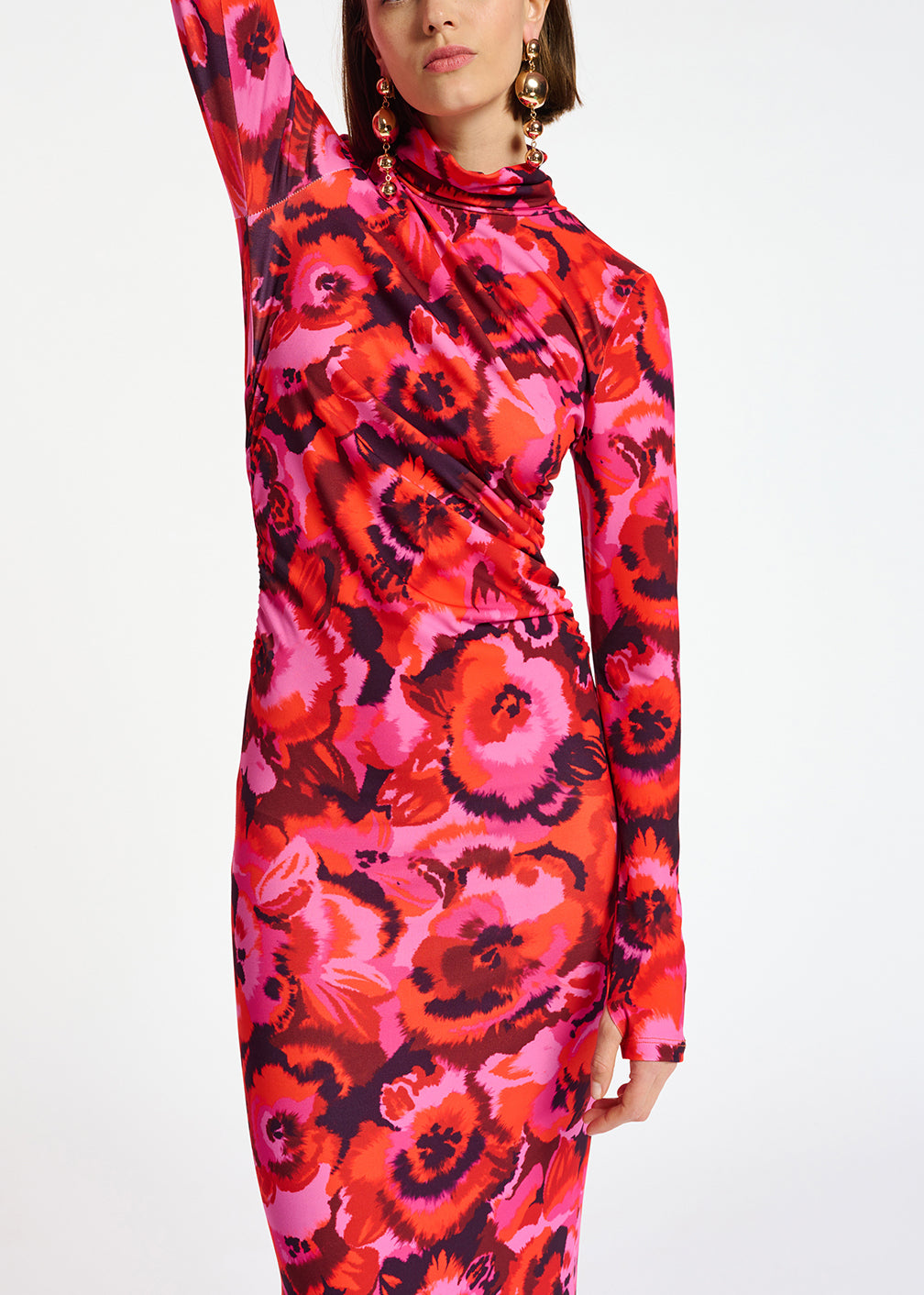 Pink and red floral-print stretch-jersey midi dress RE—SSENTIEL | Essentiel second hand