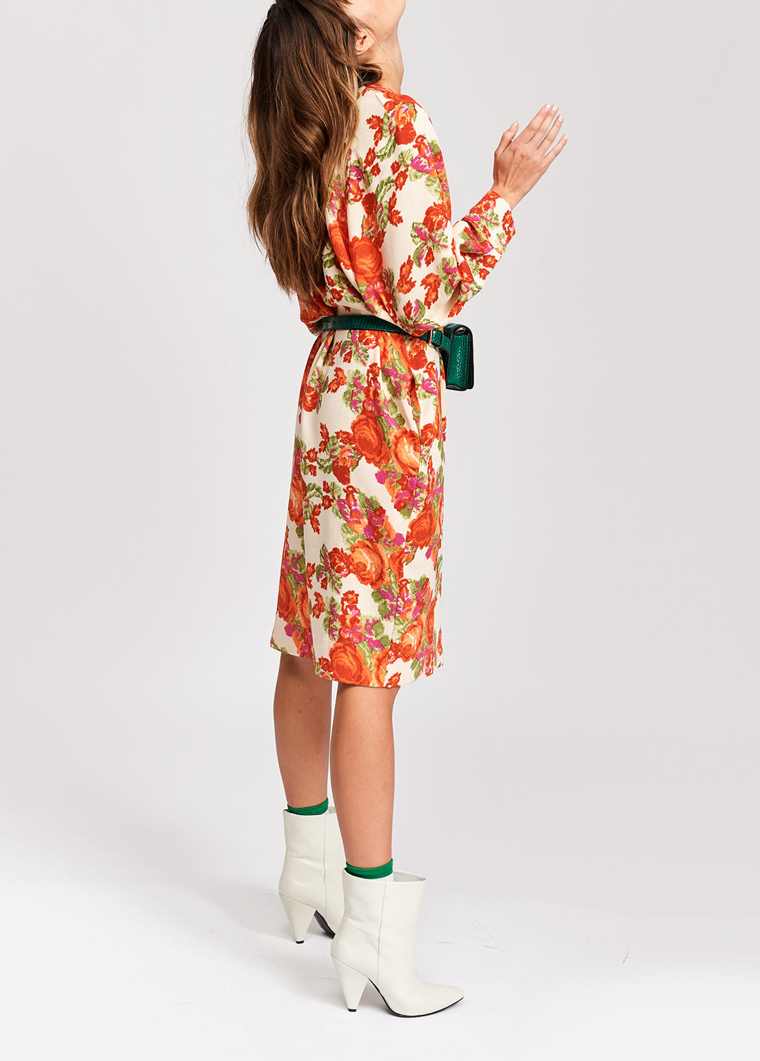 Orange and red floral print v-neck dress RE—SSENTIEL | Essentiel second hand