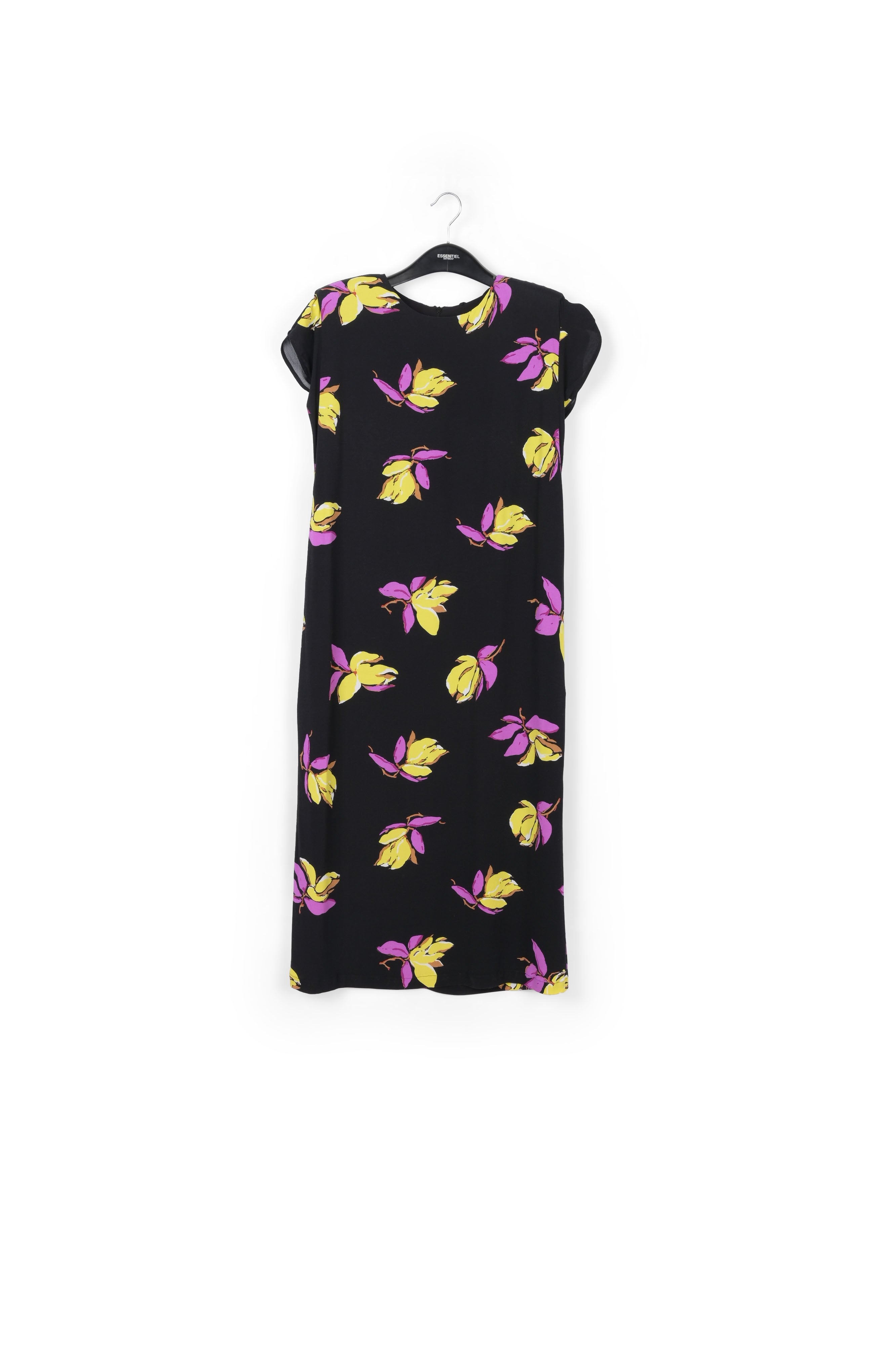 Black floral-print midi-length dress with padded shoulders RE—SSENTIEL | Essentiel second hand