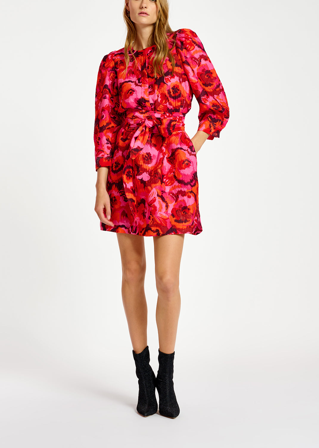 Pink and red jacquard belted mini dress RE—SSENTIEL | Essentiel second hand