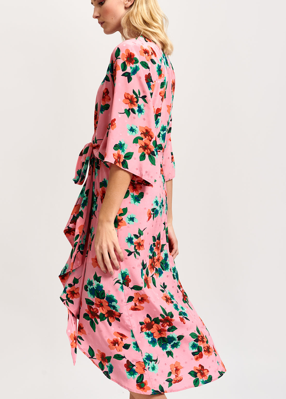 Robe midi rose en soie à fleurs et à pois RE—SSENTIEL | Essentiel second hand