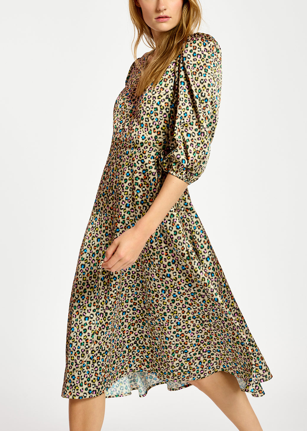 Beige midi-length wrap dress with multicolor leopard print RE—SSENTIEL | Essentiel second hand