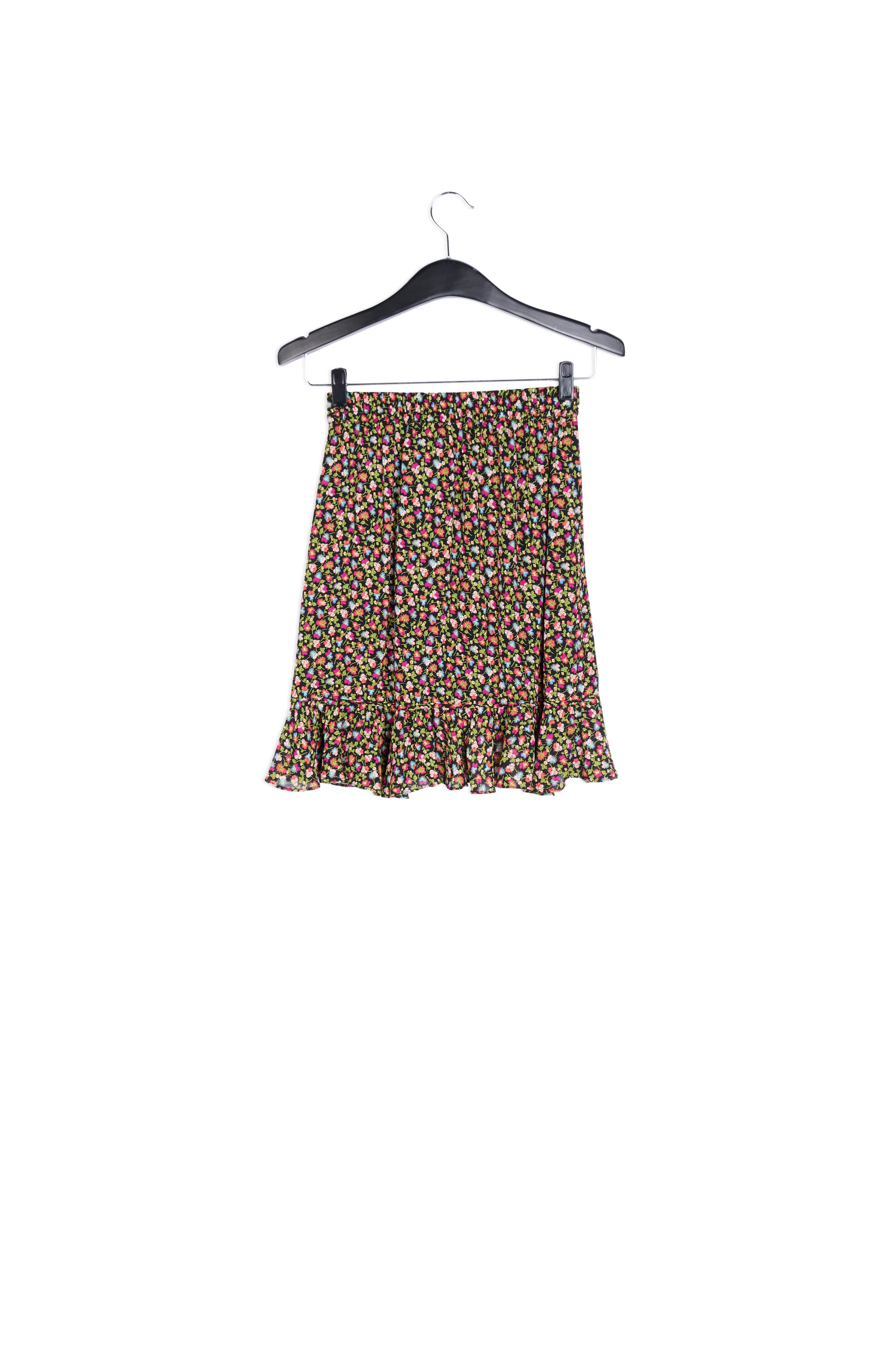 Minijupe portefeuille noire, vert clair et fuchsia à imprimé floral RE—SSENTIEL | Essentiel second hand