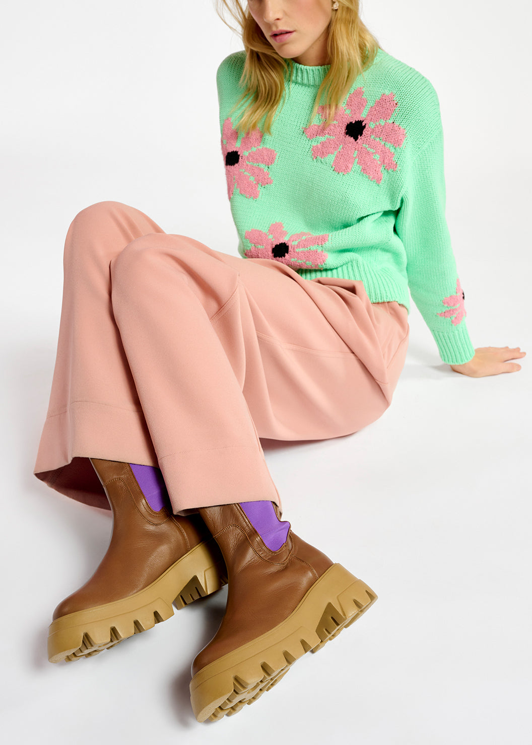 Pull intarsia vert menthe et rose à  fleurs RE—SSENTIEL | Essentiel second hand