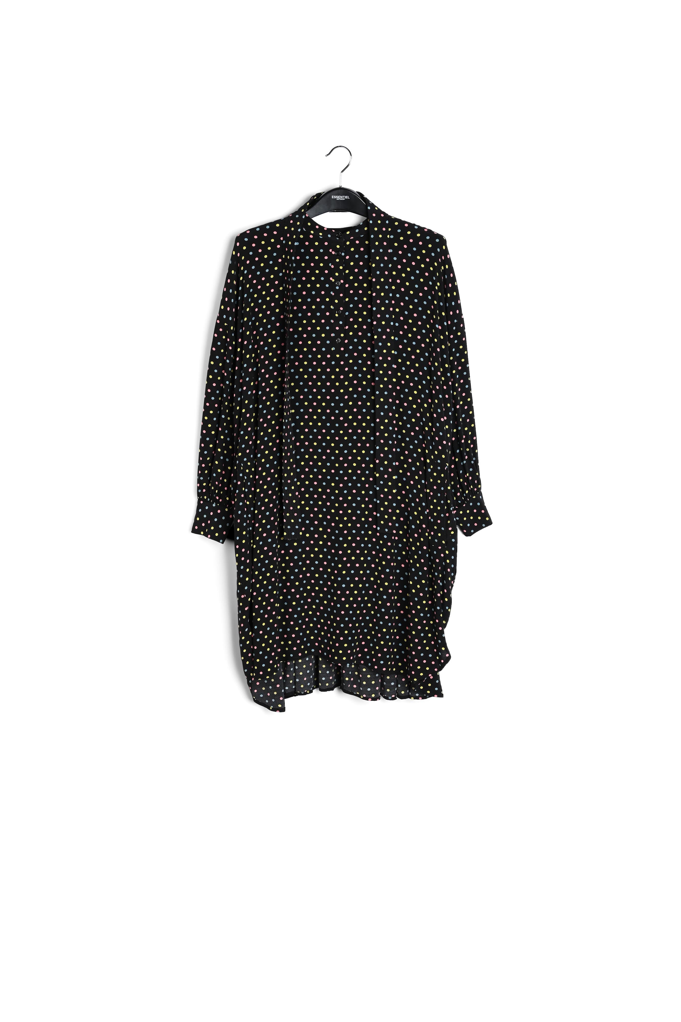 Zwarte hemdjurk met stippen en geplisseerde achterkant RE—SSENTIEL | Essentiel second hand