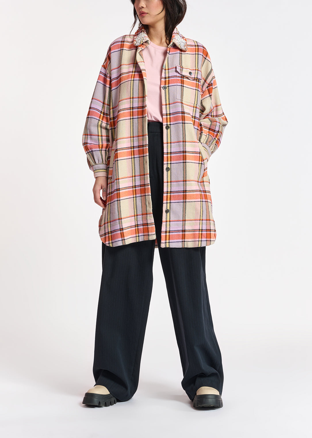 Lilac, orange and light pink checked shirt jacket RE—SSENTIEL | Essentiel second hand