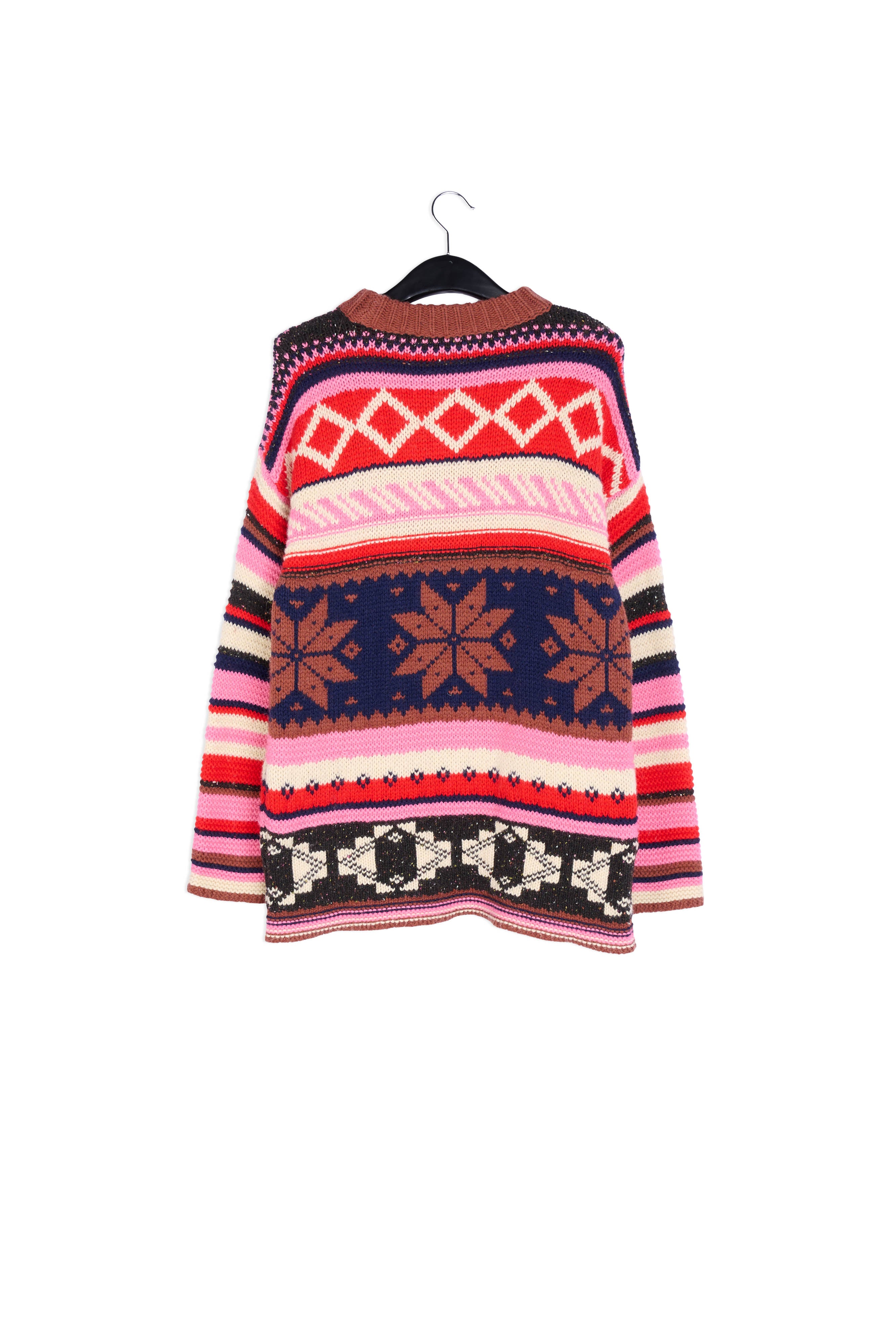 Pull rouge, rose et noir avec flocons de neige RE—SSENTIEL | Essentiel second hand