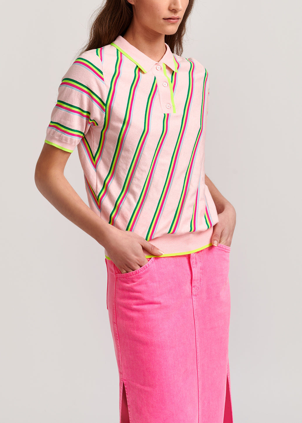 Light pink polo shirt with neon stripes RE—SSENTIEL | Essentiel second hand