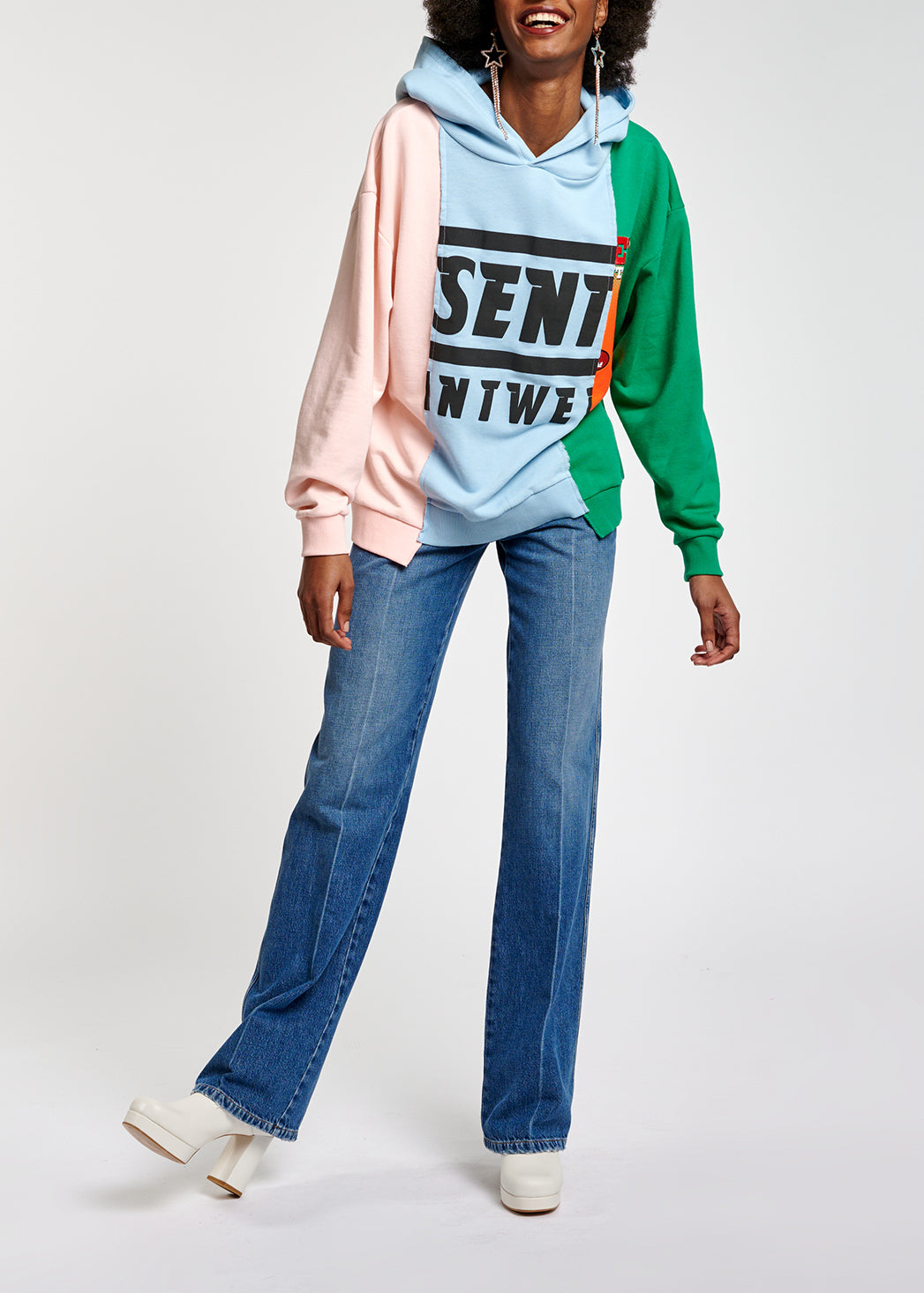 Light blue, pink and green patchwork hooded sweatshirt RE—SSENTIEL | Essentiel second hand
