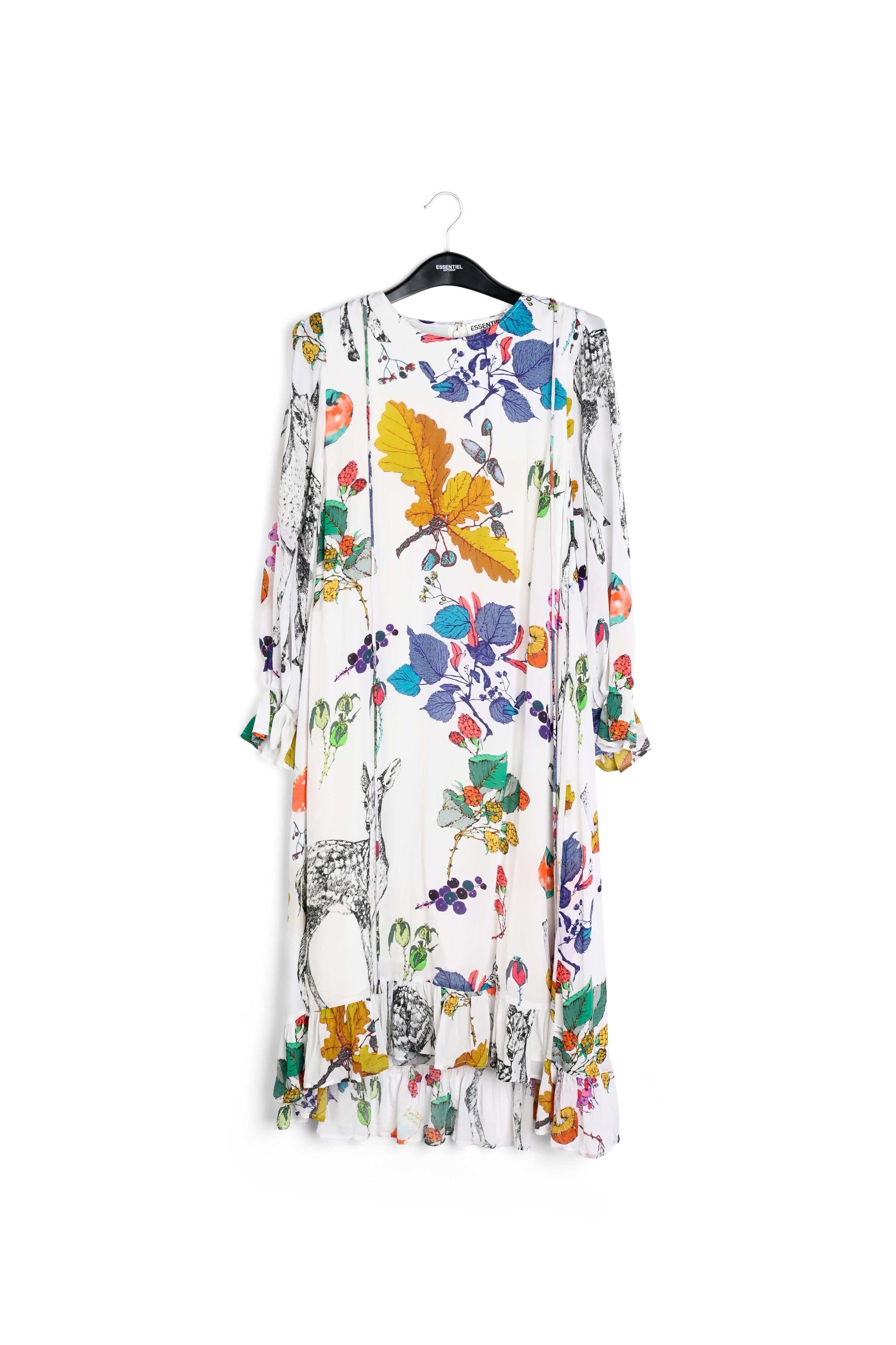 Gebroken witte midi-jurk met bloemen en volant RE—SSENTIEL | Essentiel second hand