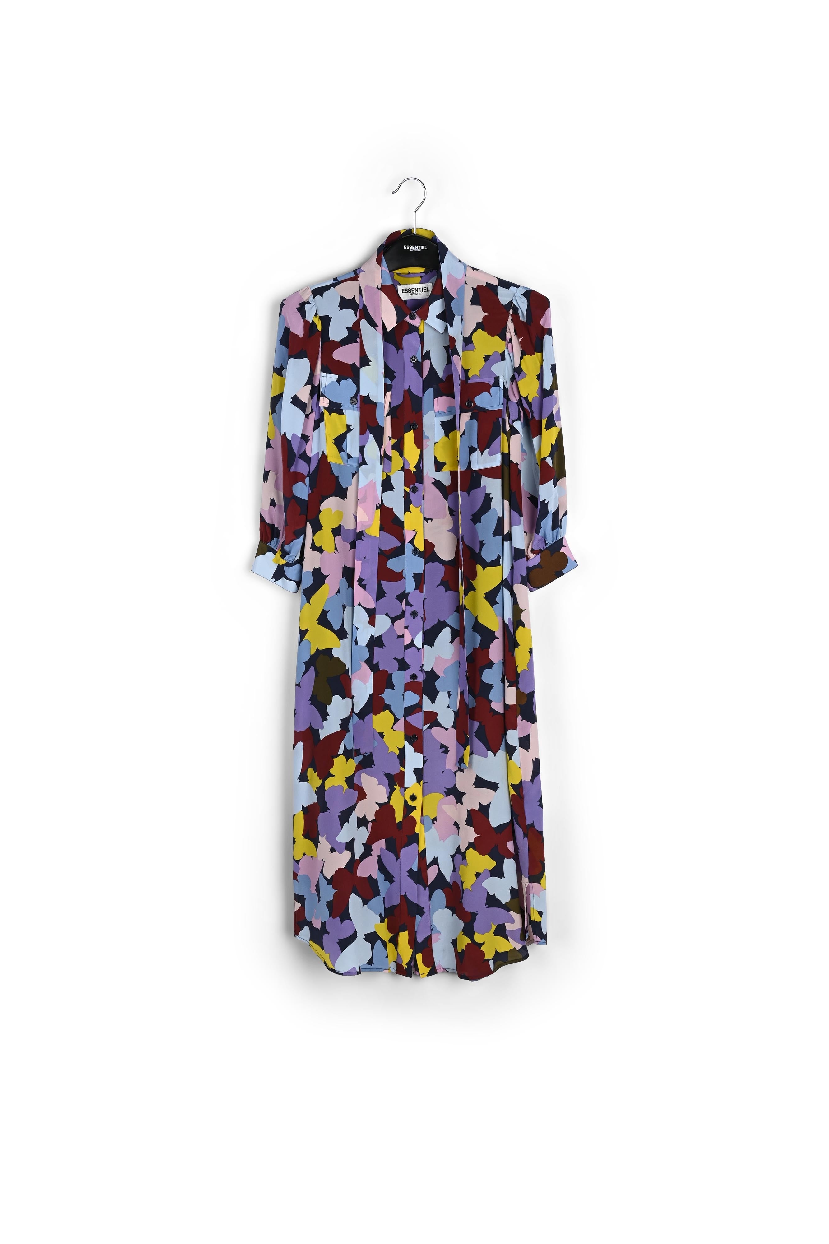 Bordeaux, lila en blauwe zijden midi-jurk met vlinders RE—SSENTIEL | Essentiel second hand