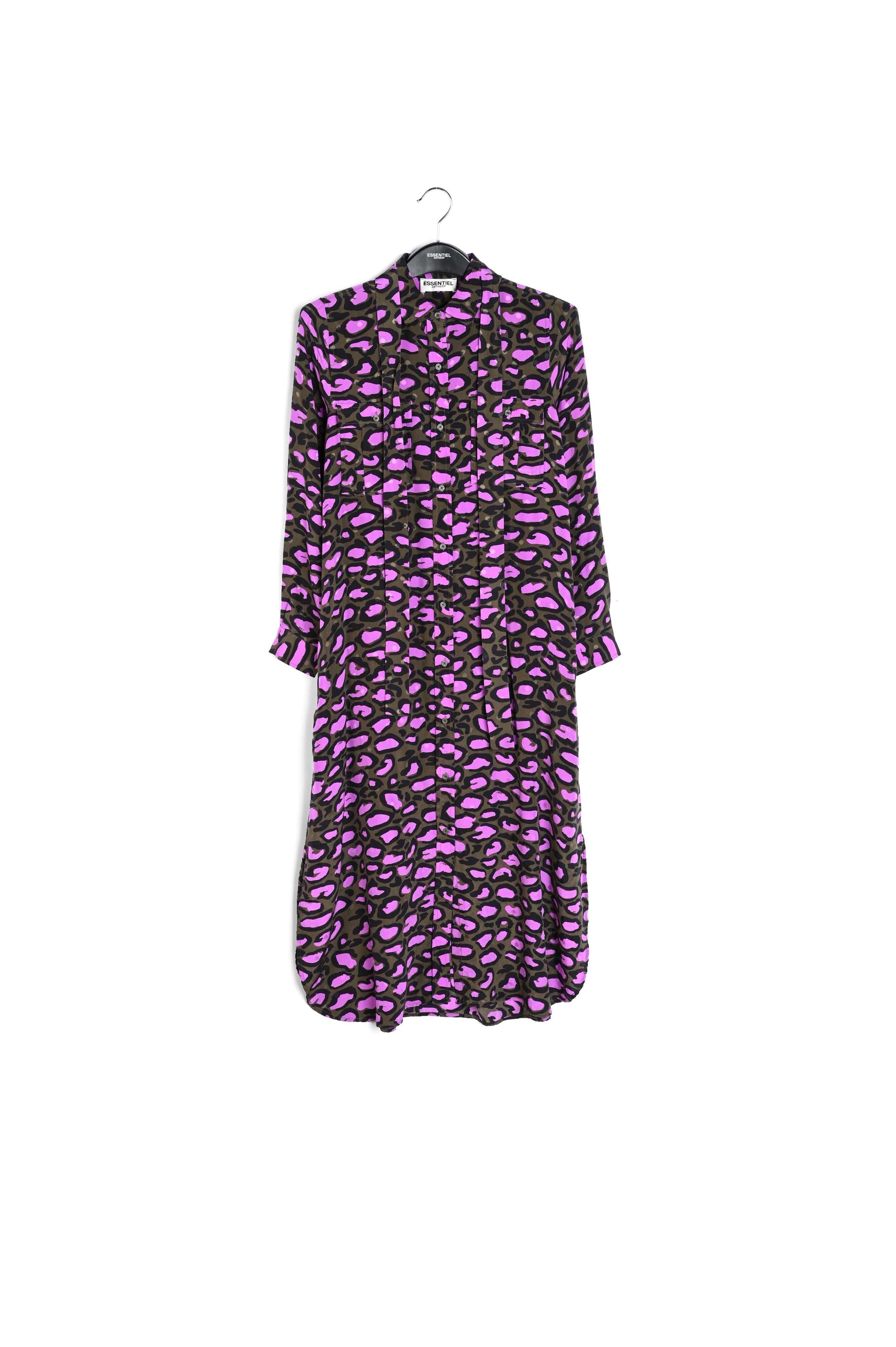 Kakigroene zijden hemdjurk met luipaardprint RE—SSENTIEL | Essentiel second hand