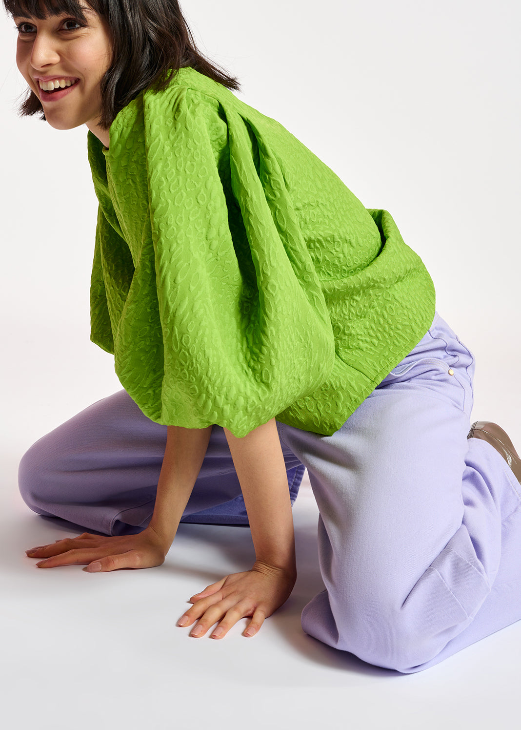 Green jacquard top with puffed sleeves RE—SSENTIEL | Essentiel second hand