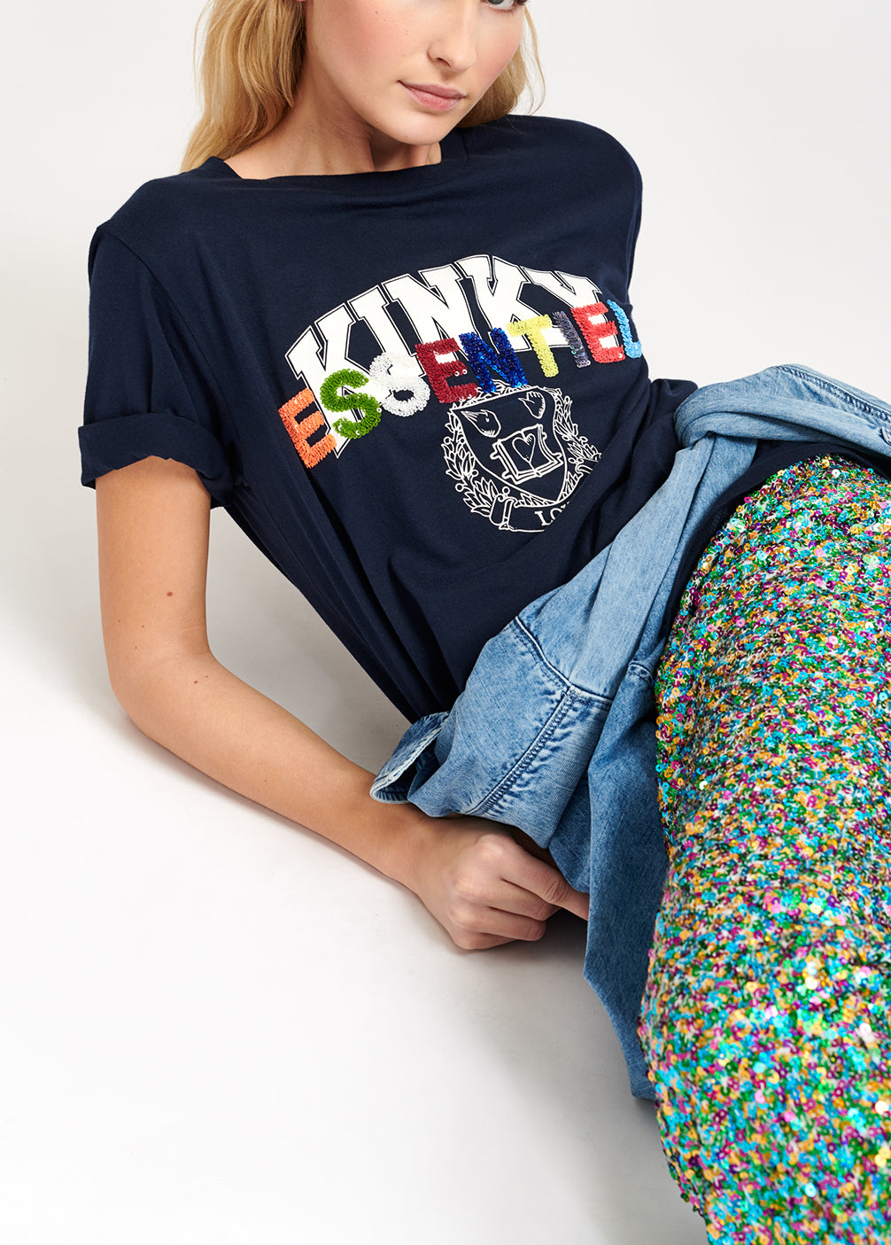 Navy blue cotton-jersey t-shirt with varsity print and sequins RE—SSENTIEL | Essentiel second hand