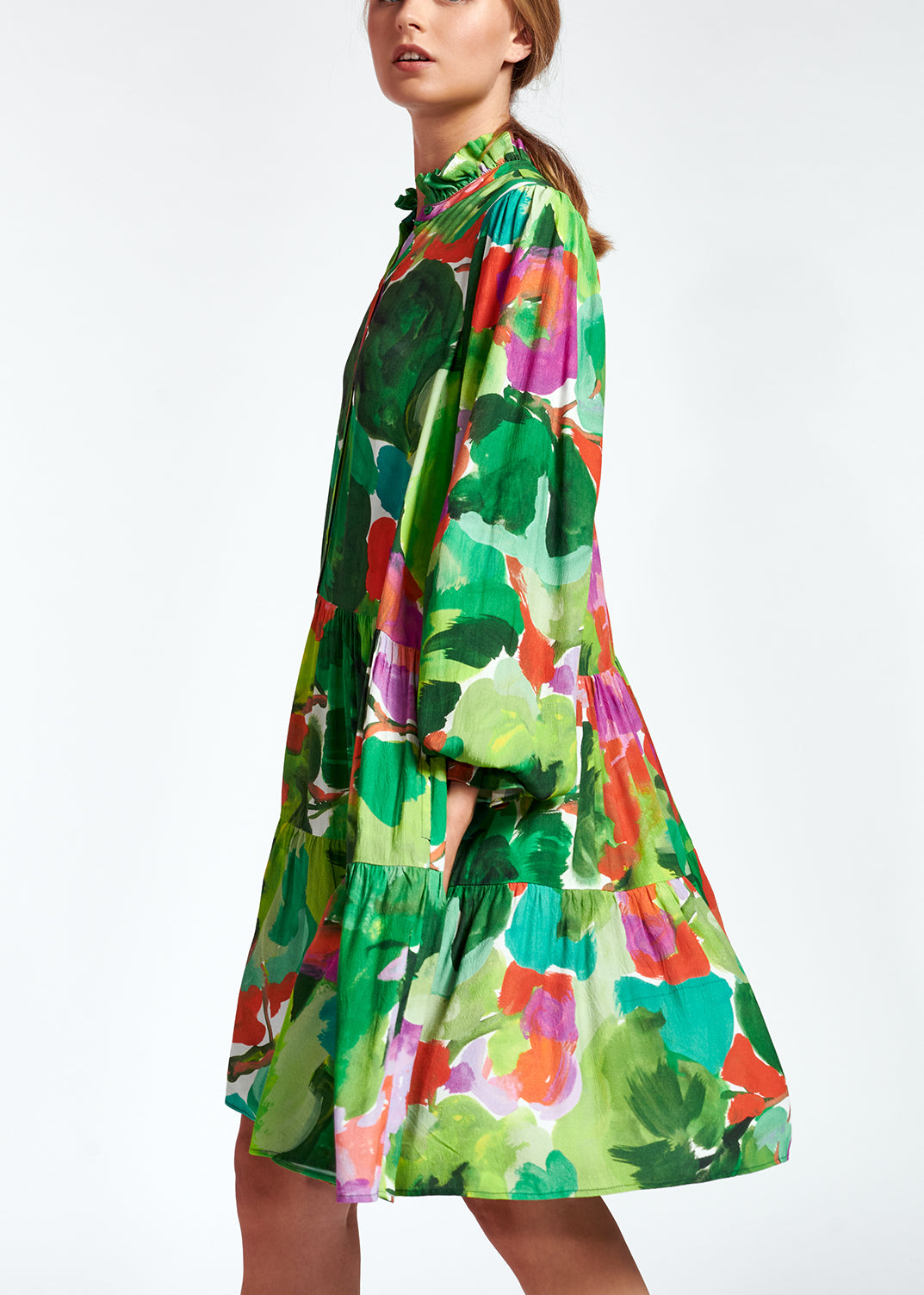 Mini robe trapèze à imprimé aquarelle vert, rouge et pourpre RE—SSENTIEL | Essentiel second hand