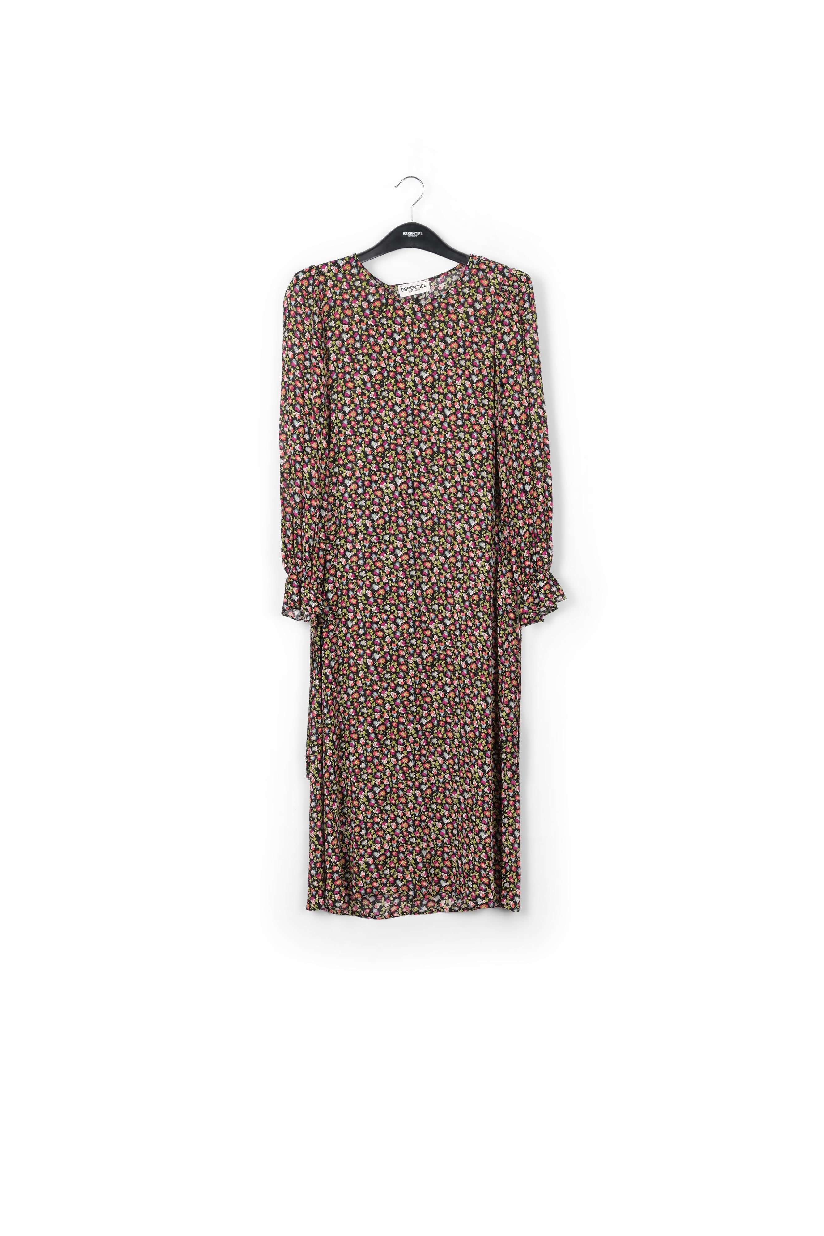 Robe midi ceinturée à imprimé floral noir, vert clair et fuchsia RE—SSENTIEL | Essentiel second hand