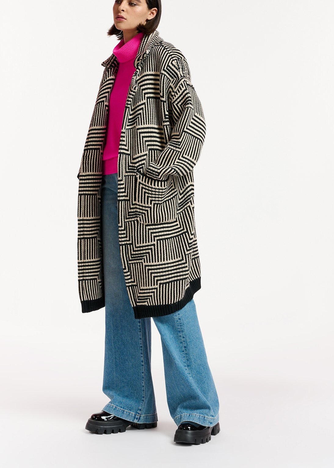 Cardigan en maille jacquard blanc cassé et noir RE—SSENTIEL | Essentiel second hand