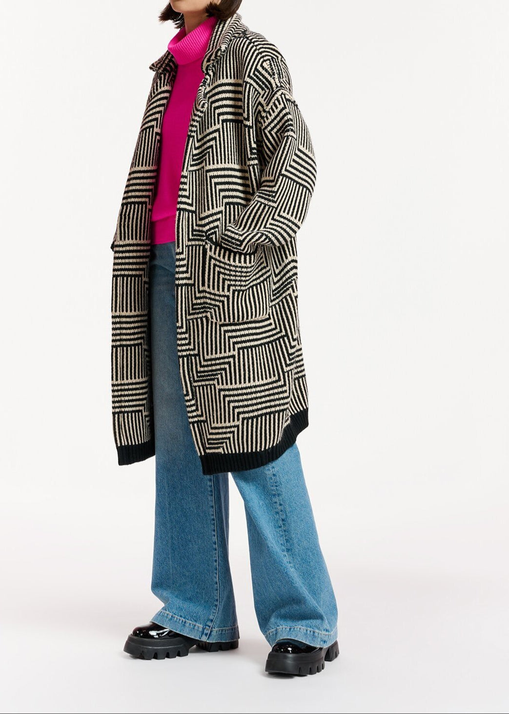 Off-white and black jacquard-knit cardigan RE—SSENTIEL | Essentiel second hand